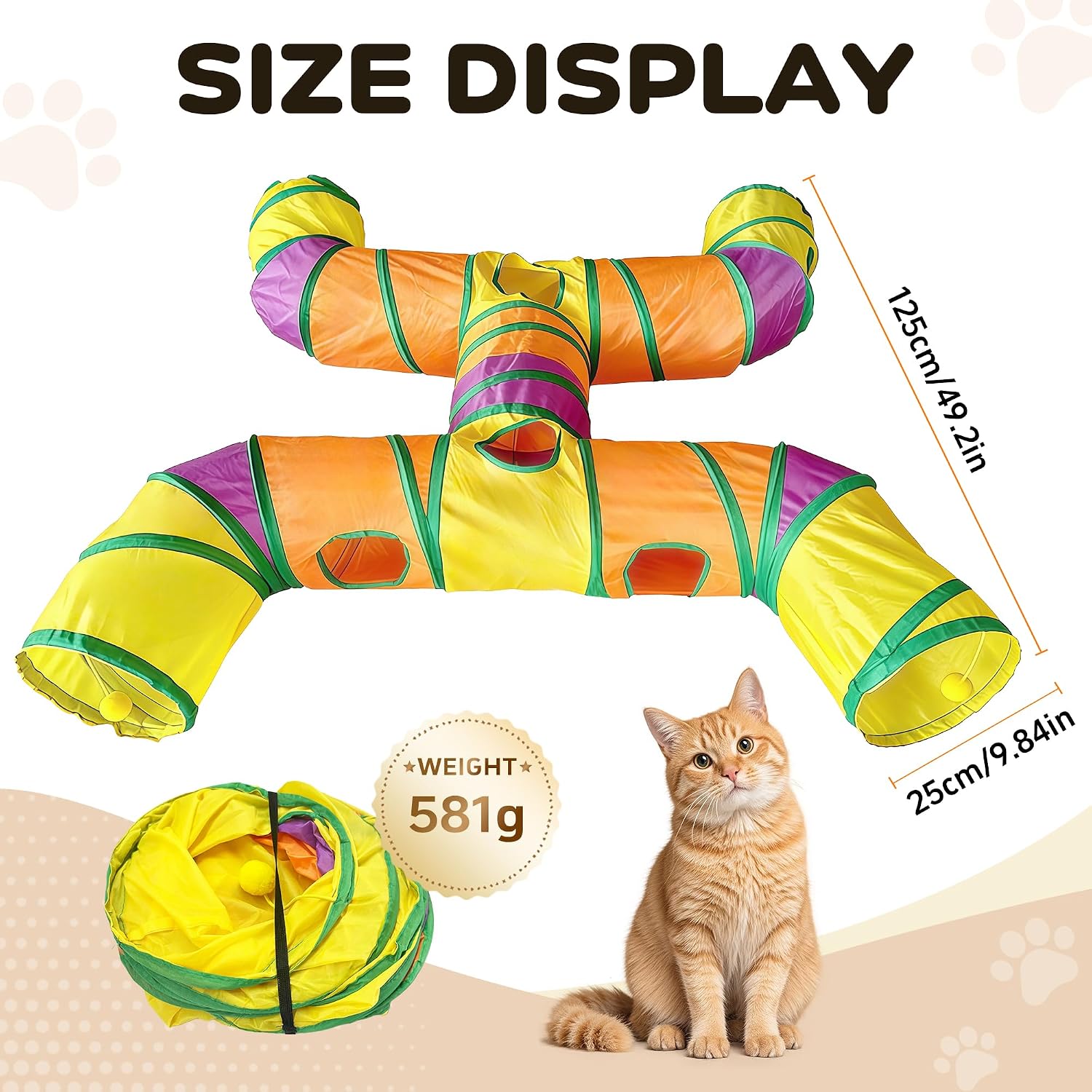 Cat Tunnels for Indoor Cats, Cat Tunnel with Plush Ball, Kitten Tunnel Collapsible, Cat Play Tunnel with Interactive Peephole for Large Cat, Puppy, Kitten (Colorful-4 Way)