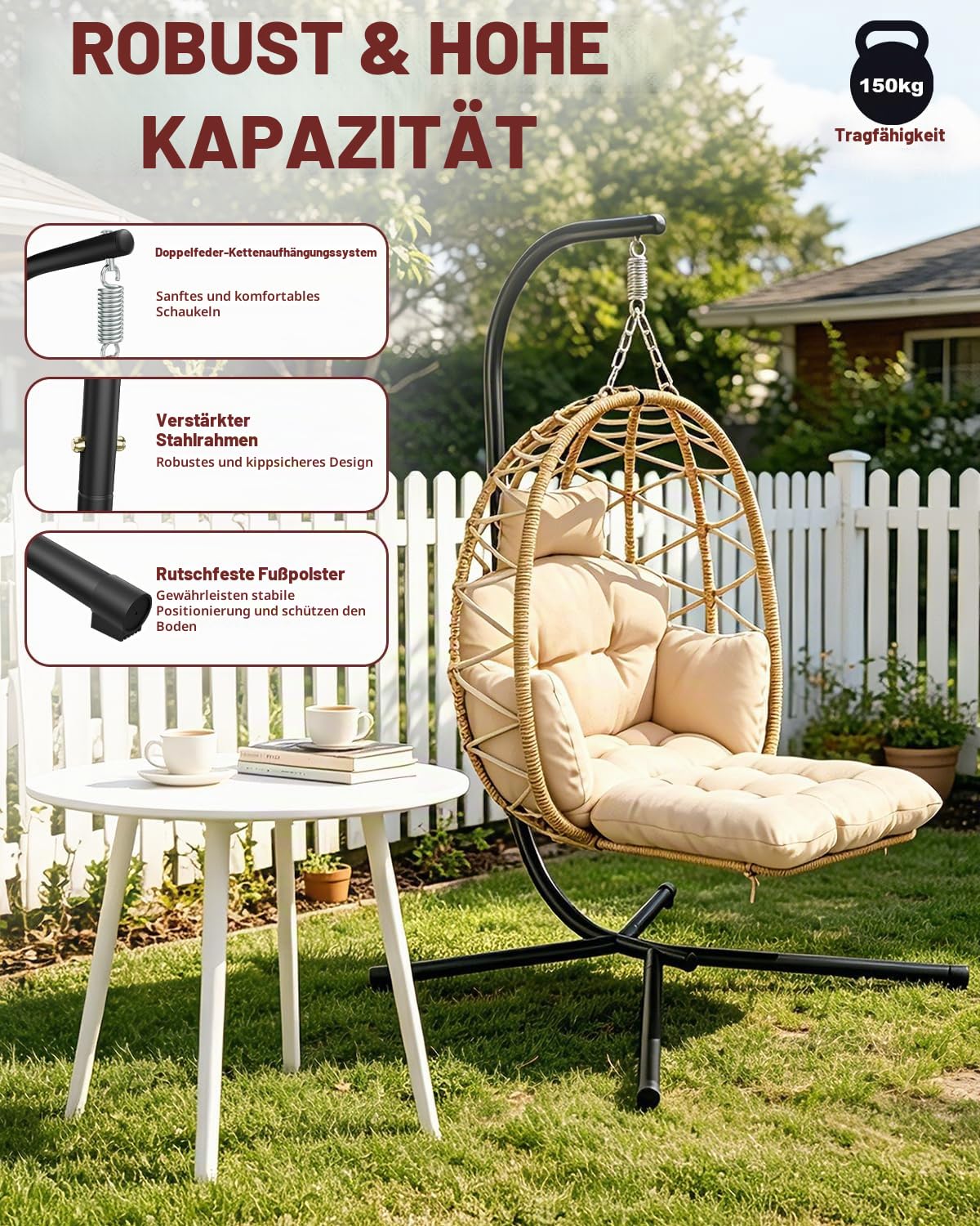 Hängesessel mit Gestell, Hängestuhl Outdoor mit Abnehmbarer Fußstütze, Garten Hängesessel mit Dickem Sitzkissen & Waschbarem Bezug, Hängeschaukel Bis 150kg, Hängestuhl für Leseecke Balkon Terrasse