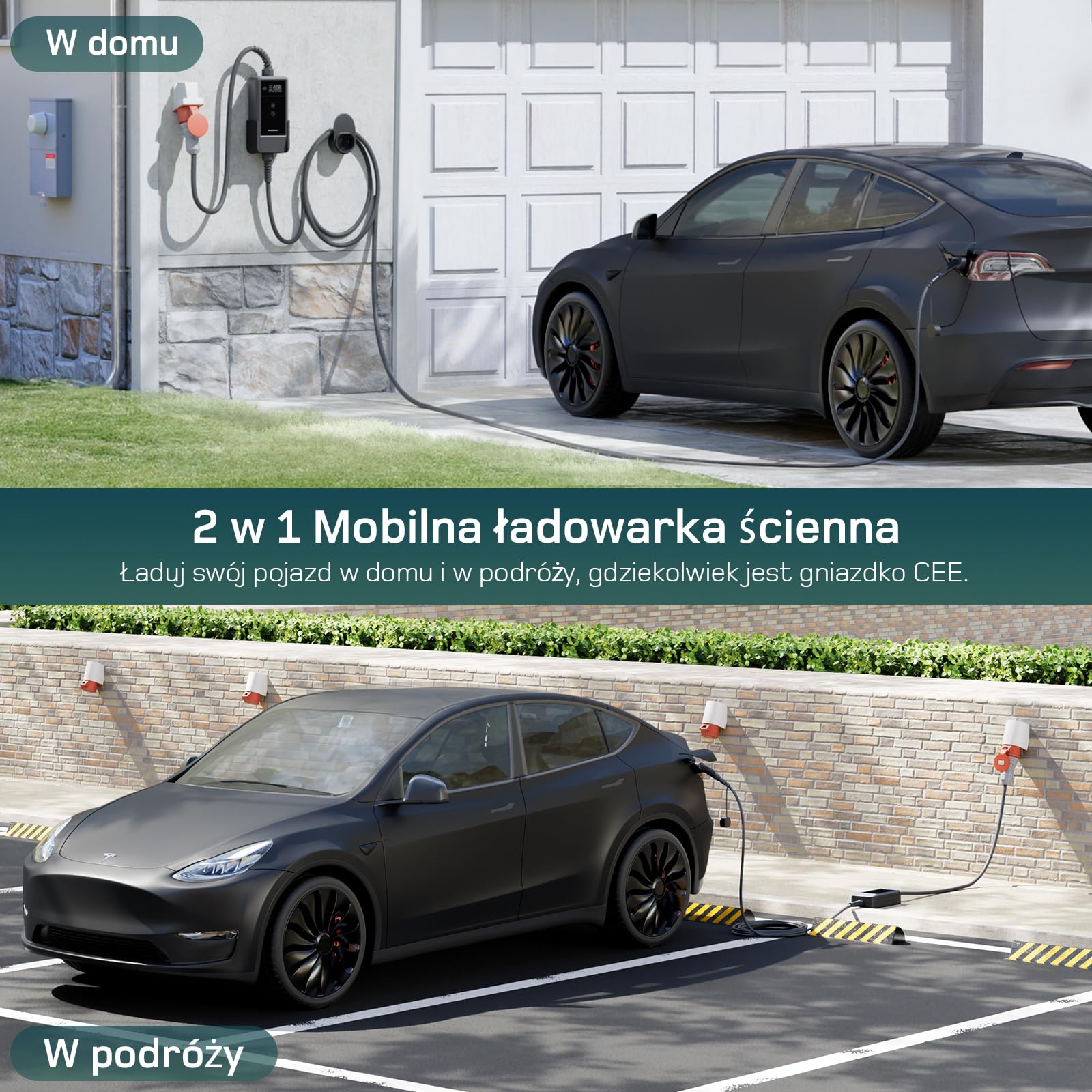 dé Ładowarka Mobilna 22kW, z Aplikacją [3-Fazowa, 15m, 6-32A] z Licznikiem Prądu, Kablem do Ładowania CEE 32A na Typu 2 i Ładowarką EV do modeli Y, E-208, 500e i innych EV/PHEV