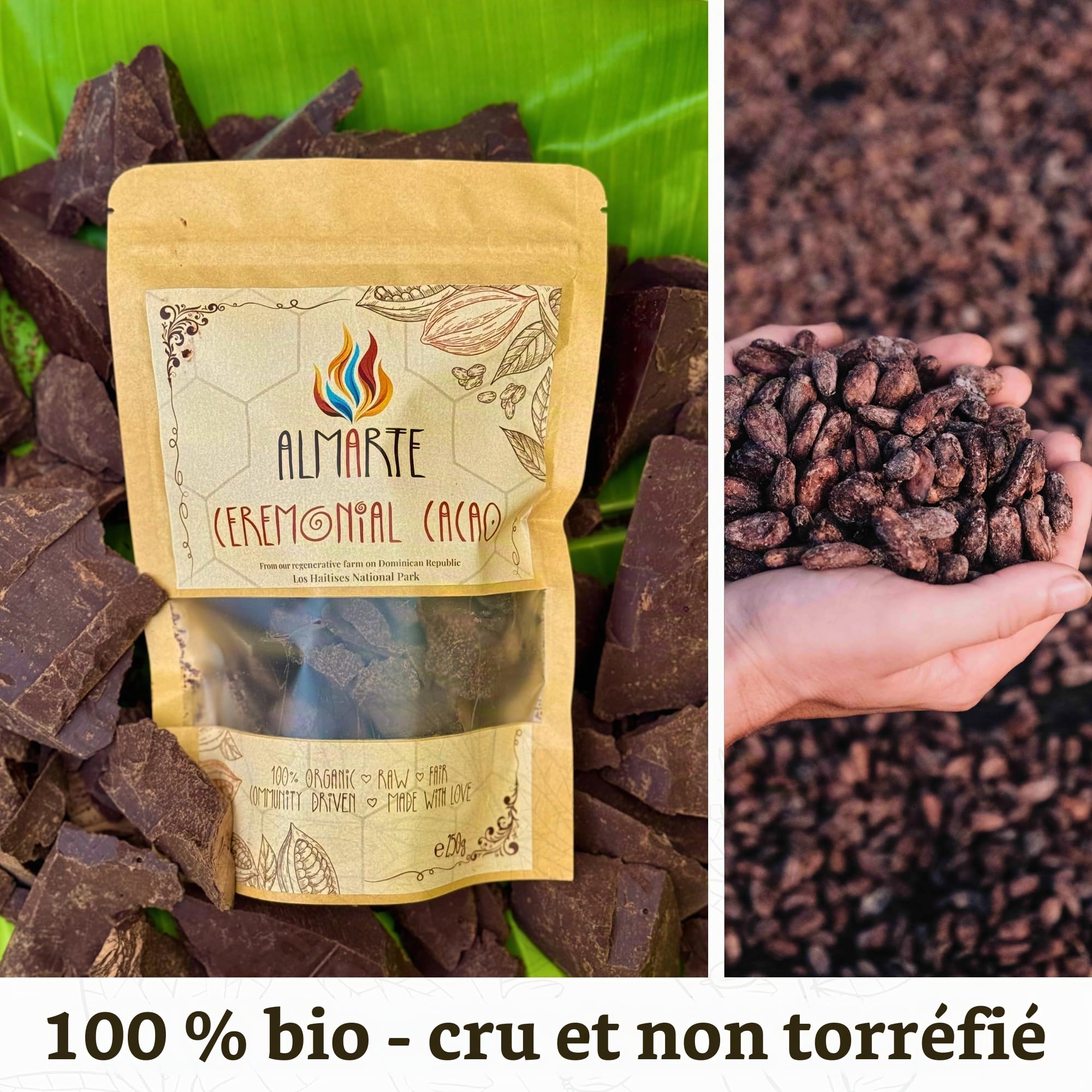 ALMARTE Cacao de cérémonie 250 g | 100 % brut et pur République dominicaine | Médecine ouvrante du cœur | Single Origin Bio | Ferme régénérative | Énergie théobromine | Substitut de café