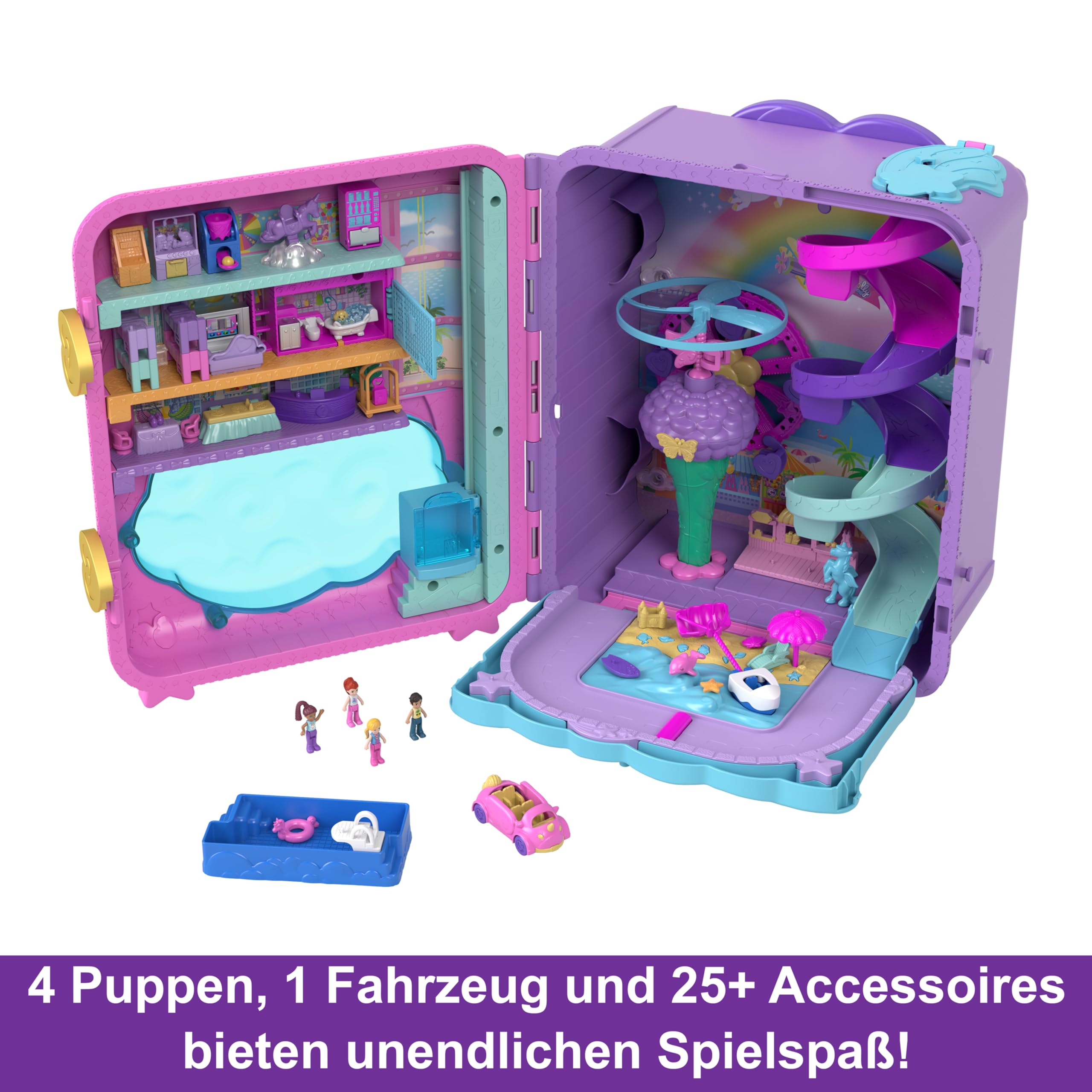 Polly Pocket Pollyville Urlaub im Rollkoffer 4 Puppen 1 Fahrzeug 25+ Zubehörteile Strand Hotel mit Helikopter ab 4 Jahren HKV43