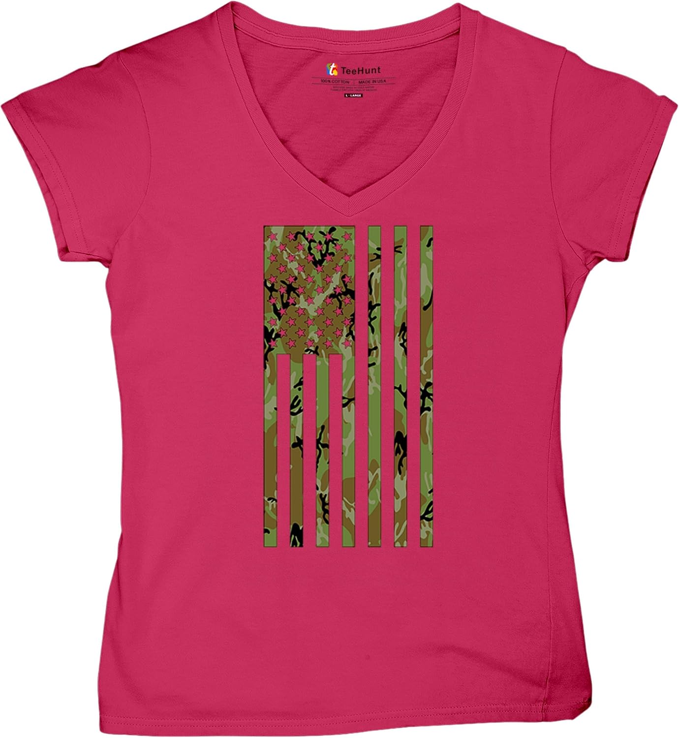 Camo American Flag Women's V-Neck T-Shirt USA Military Proud Army Veteran RED Friday 4th of July Camouflage Patriot Tee