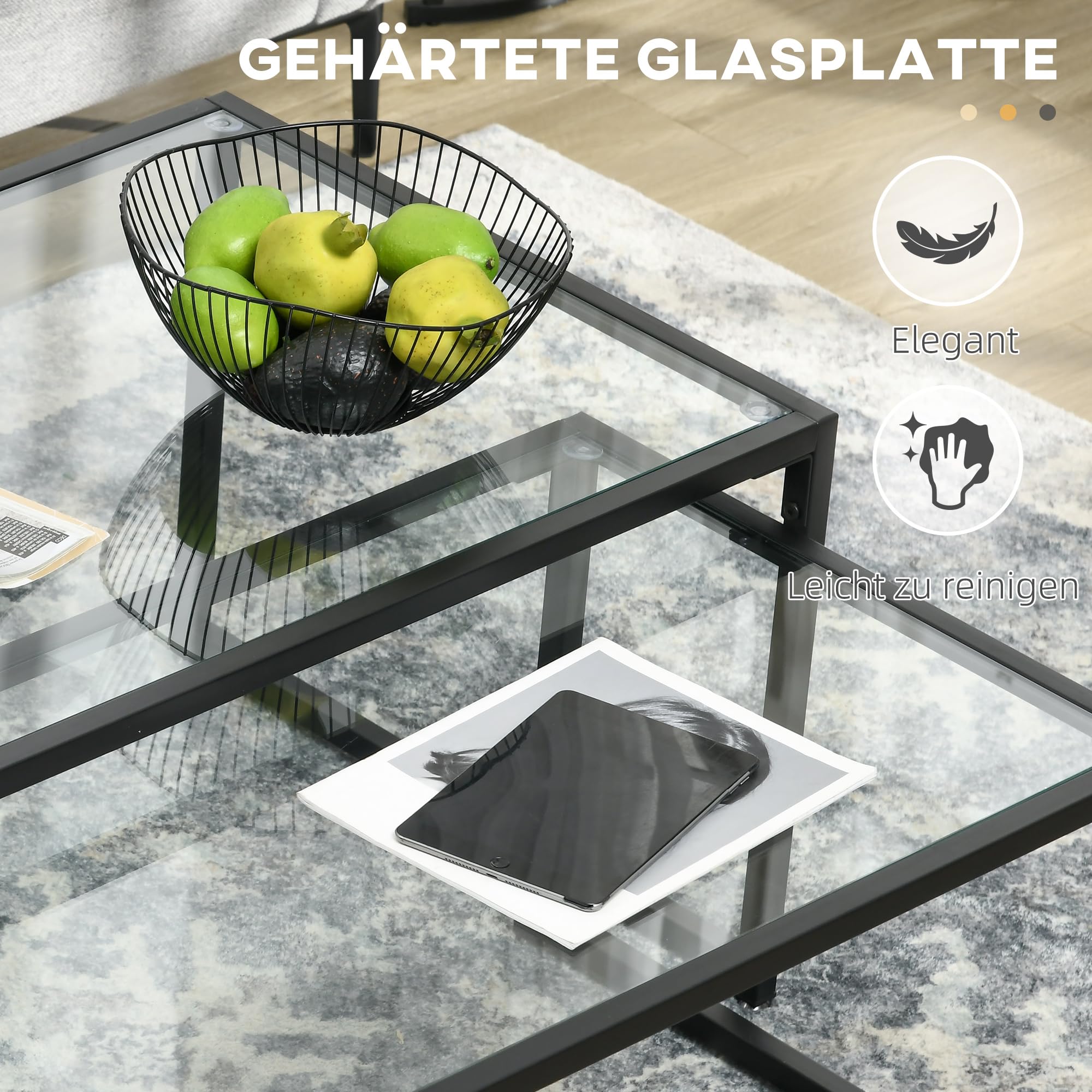 HOMCOM bijzettafelset van 2, salontafelset, salontafel met glazen