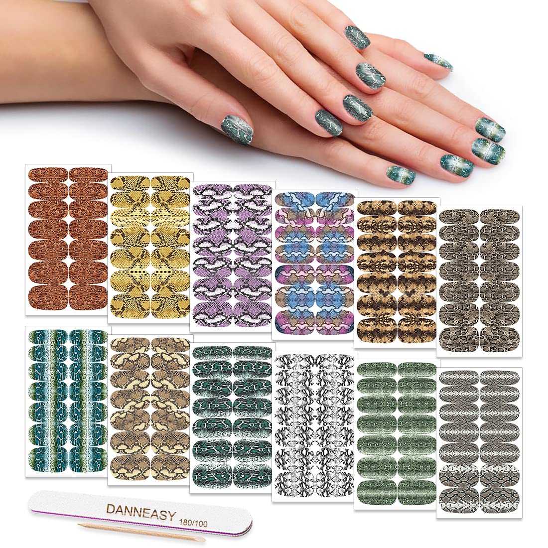 Nail Polish Strips Snake Print, DANNEASY 12 Sheets Self Adhesive Nail Stickers Nail Wraps for Women Manicure Kit 1Pc Nail File, Cuticle Stick