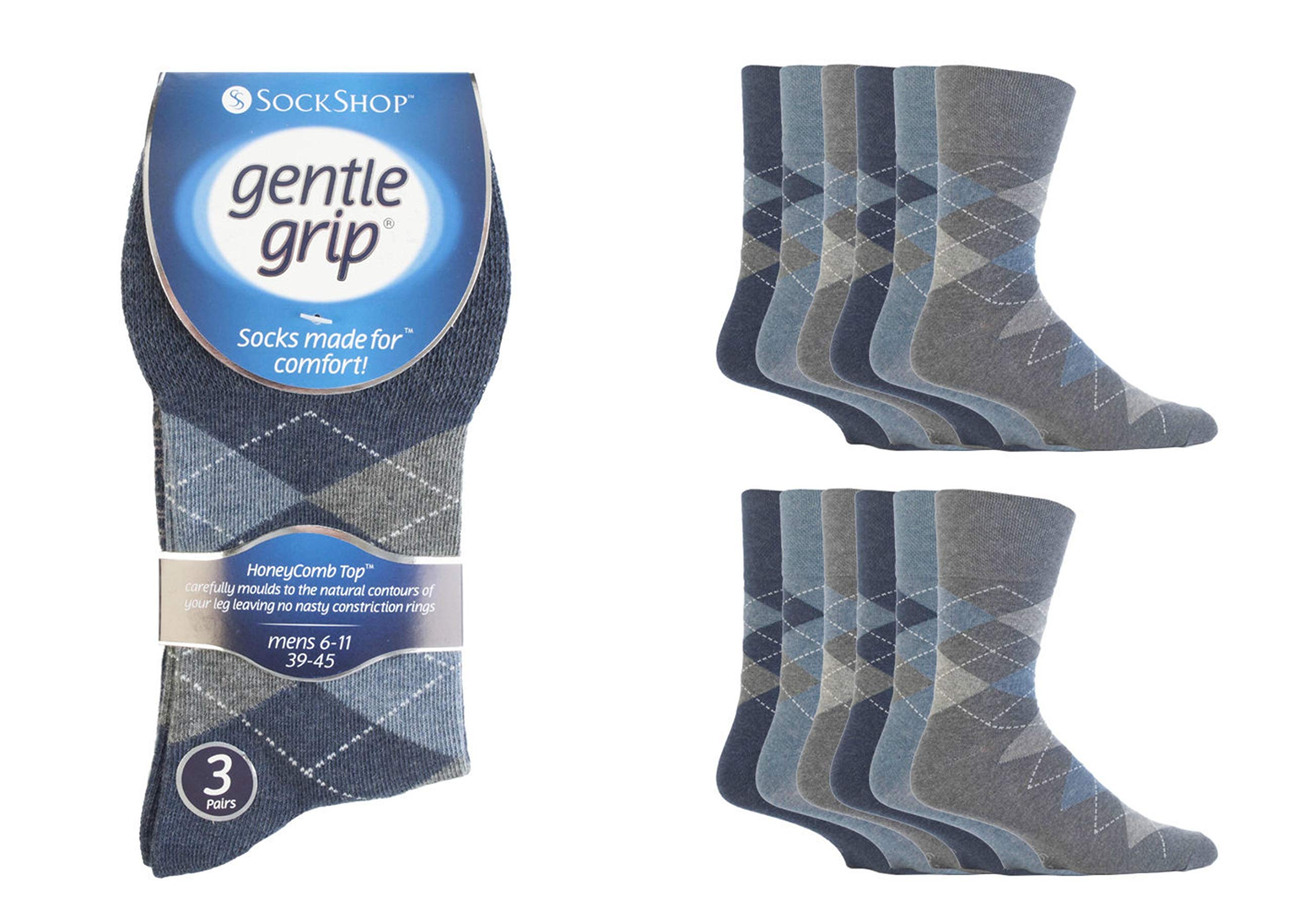 6 Pairs mens gentle grip no elastic socks 6-11 uk, 39-45 eur Assorted colours (R38)