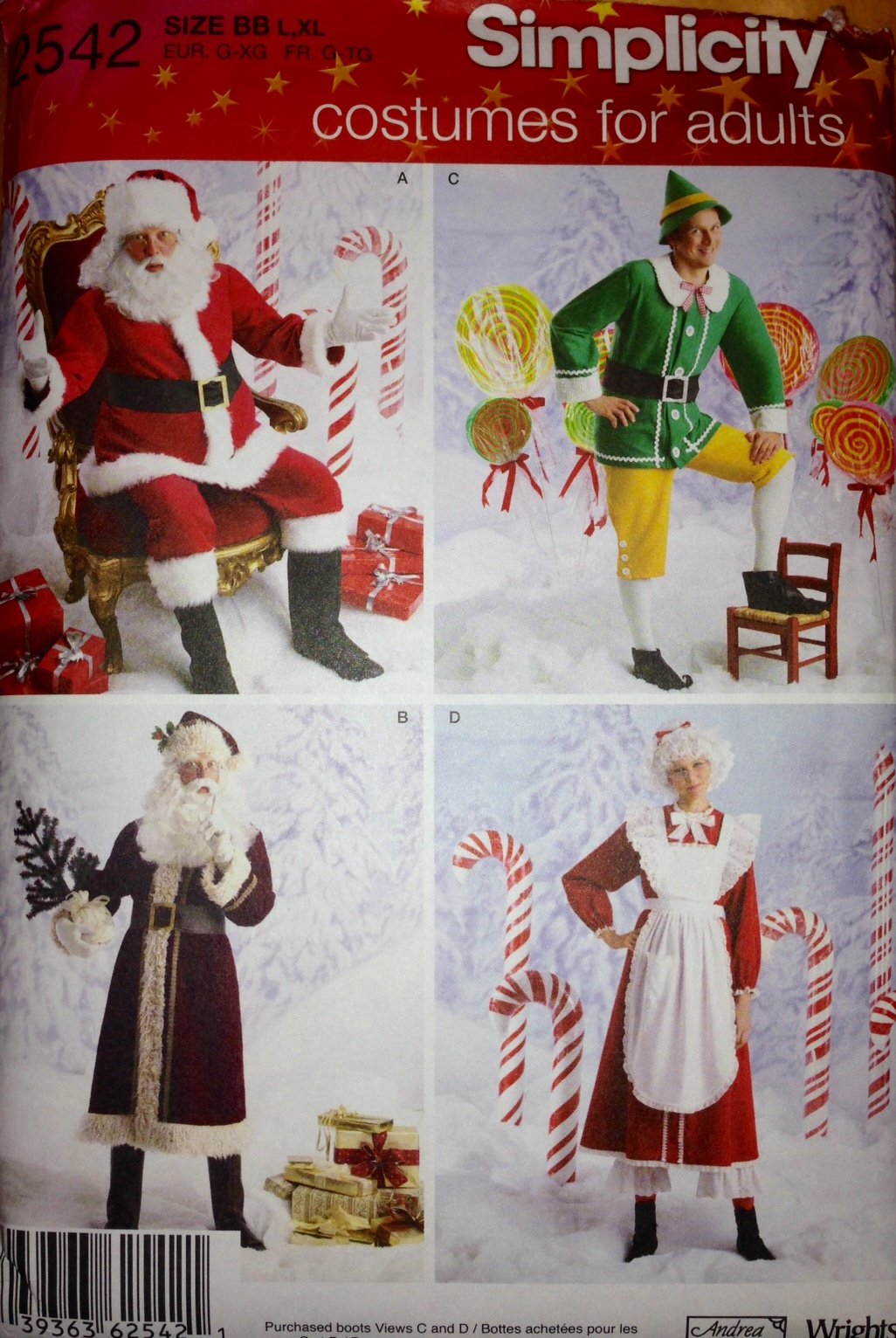 Simplicity Red, White Sewing Pattern 2542, Size Bb (L, Xl): Santa Claus, Father Christmas, Elf, Mrs. Claus