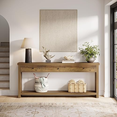 Miniatura 9 de Tribesigns Mesa de entrada extra larga de 70.9 pulgadas con 3 cajones, mesa consola de sofá con estantes de almacenamiento abiertos, mesas de madera
