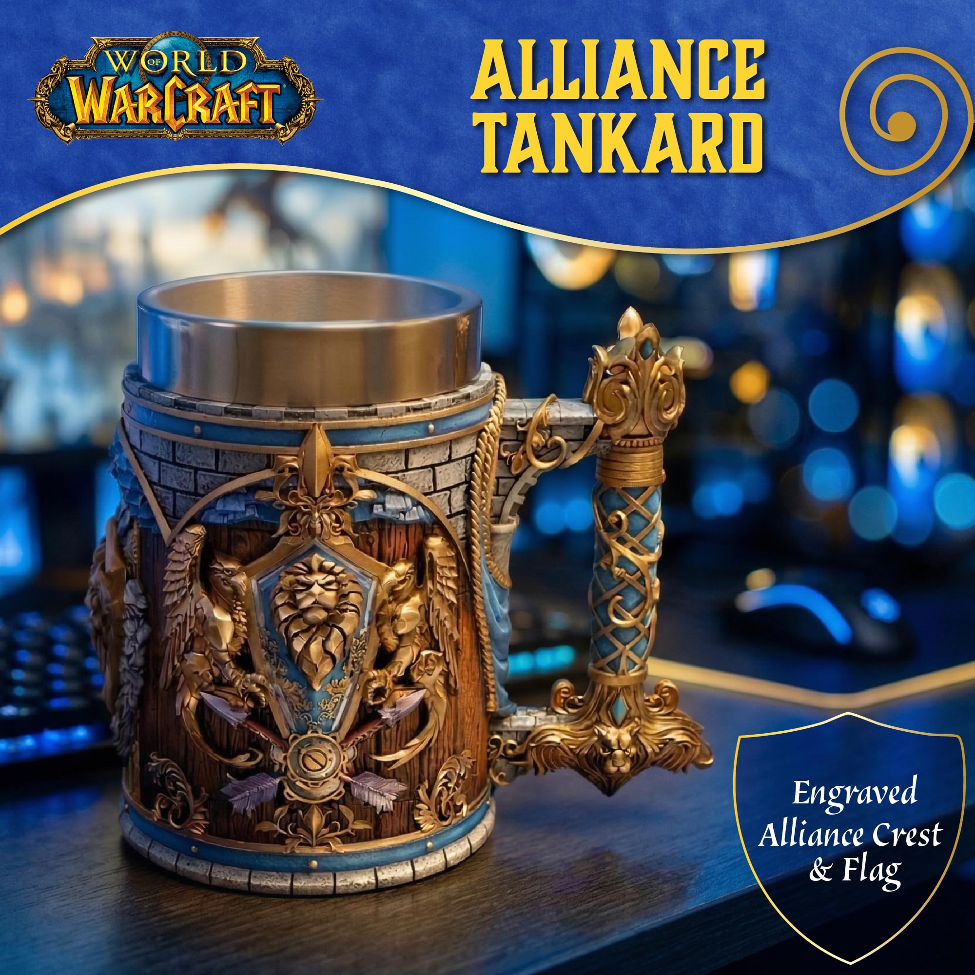 Nemesis Now World of Warcraft Alliance Tankard 15,5 cm – Offiziell lizenziertes Alliance-Getränkeartikel mit Wappen, Flaggendesign und Edelstahl-Einsatz