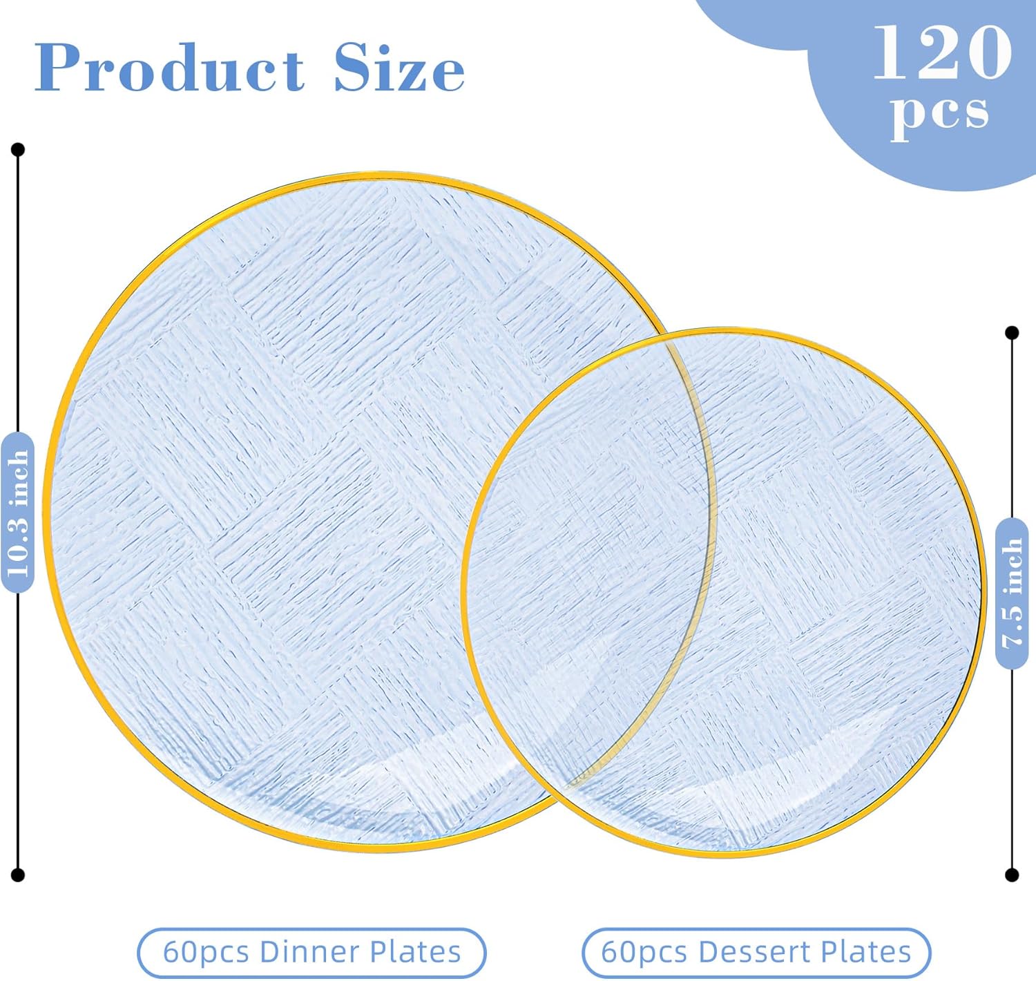 120 PCS Blue Clear Plastic Plates, Geometric Embossed Disposable Plates with Gold Rim, Heavy-duty Gold Plates Include 10" Dinner Plate and 7" Salad Plate for Party and Wedding - Image 2