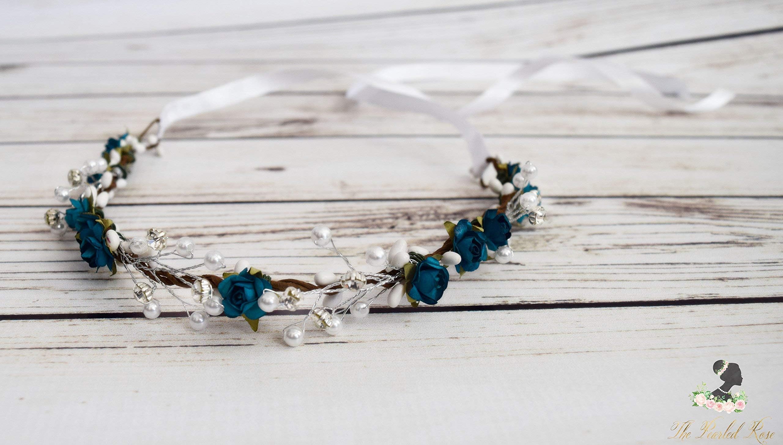 Handcrafted Small Teal and White Pearl Flower Crown
