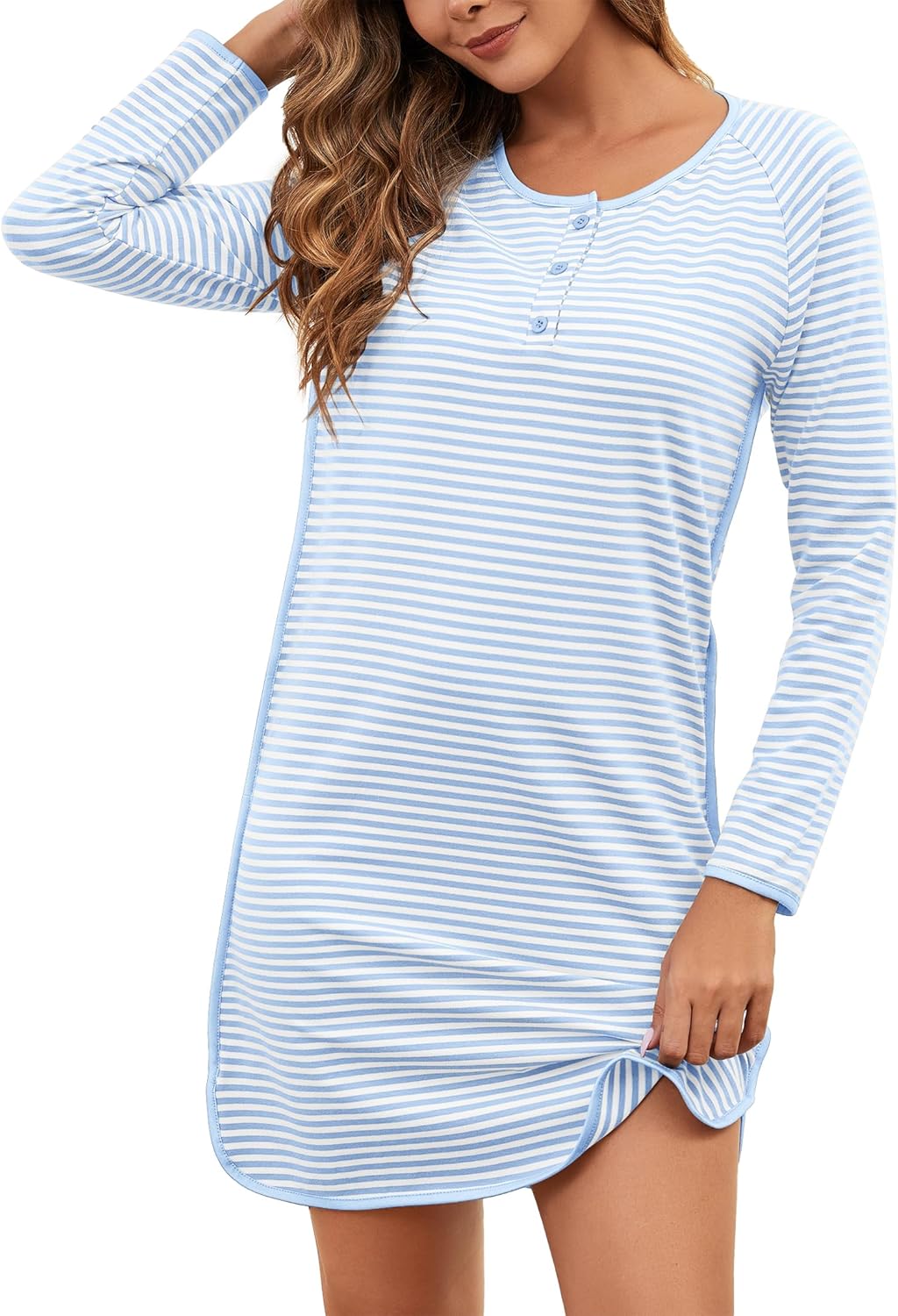 VibeVista Nightgowns for Women Soft Cotton Striped Sleepwear Sleep Shirts Long Sleeve Crew Neck House Dresses Night Gown