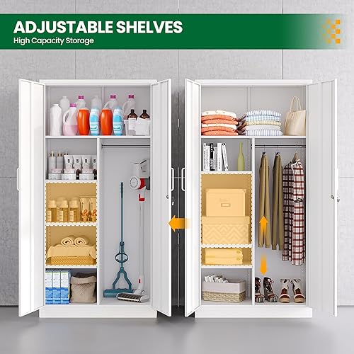 Vista 30 de Gabinete de metal de 72 pulgadas, armario de almacenamiento con bloqueo con 2 puertas y 5 estantes ajustables, gabinete de herramientas de acero