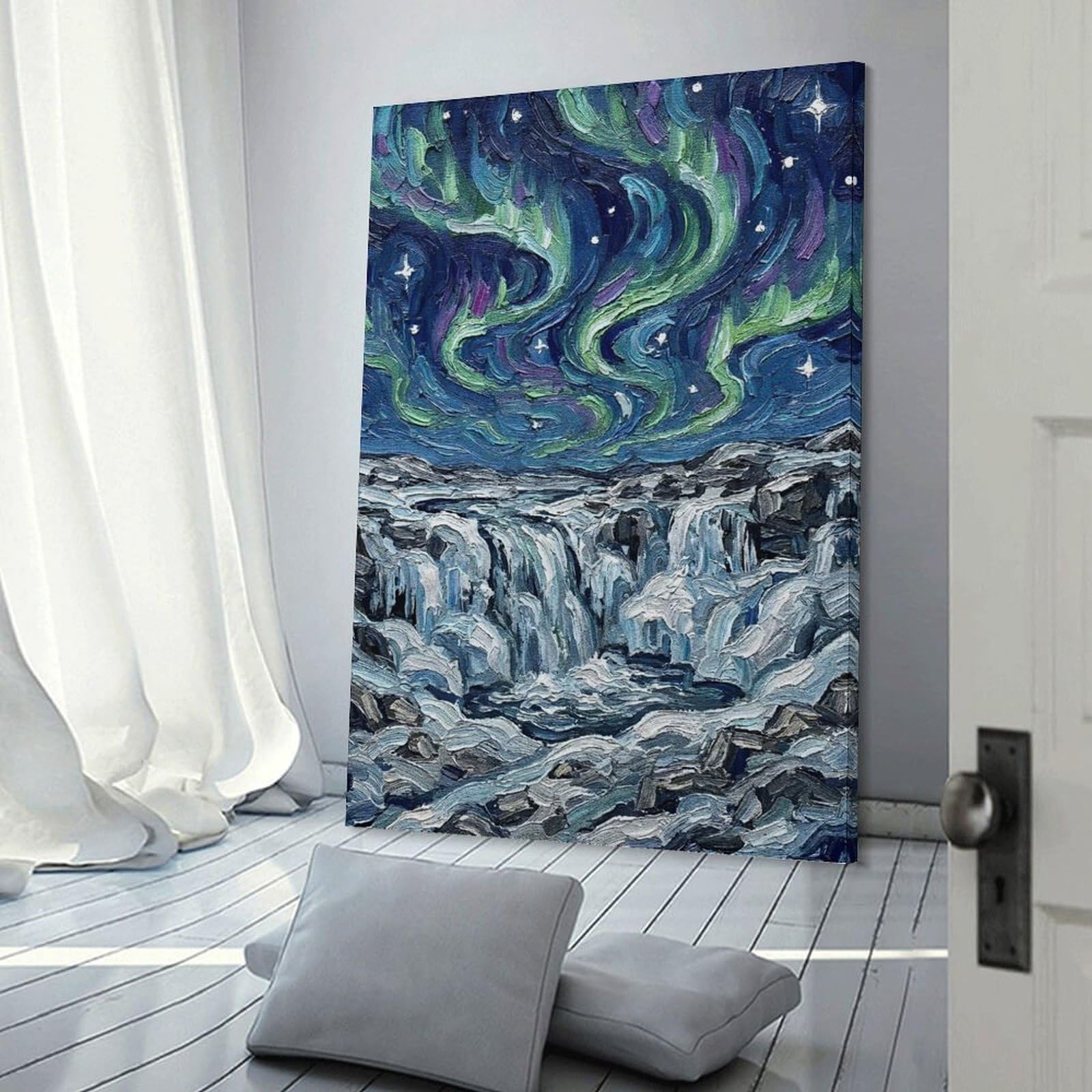 Junmoney Aurora Borealis over Waterfall Painting Home Decor Wall Art, 24x36inch(60x90cm), for Apartment Walls, Studios Or Work Areas, Wall Decor with Flexible Room Appeal