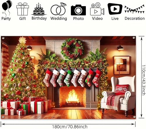 Miniatura 3 de Telón de fondo de chimenea de Navidad, escena festiva de mantel con medias de Papá Noel, regalos de árbol, acogedora sala de estar, cabina de fotos