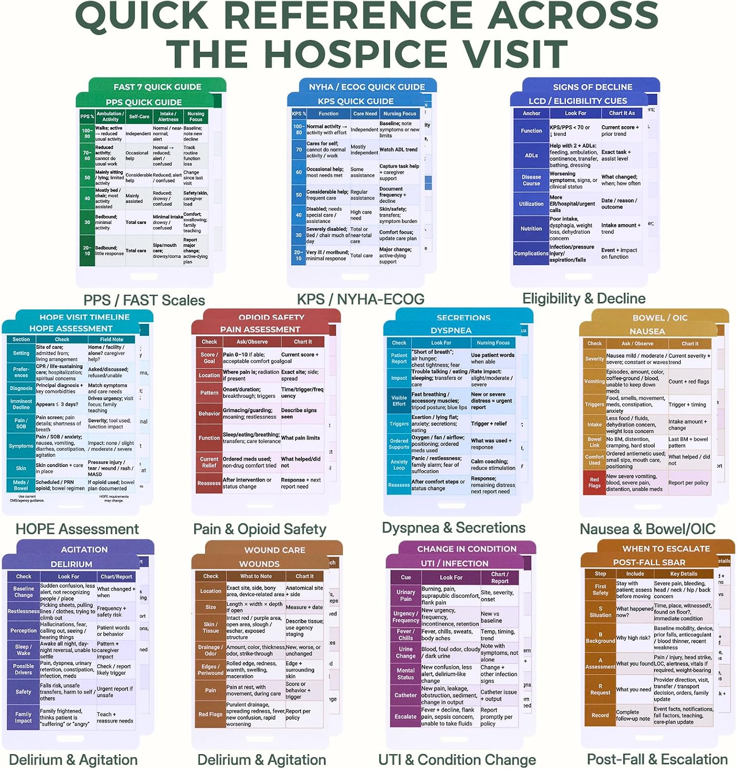 Hospice Nurse Essentials Cards with Badge Reel, 11 Badge & 3 Support Cards | Home Health Nurse Essentials with 14 Waterproof PVC Cards, Hospice Care Supplies PPS | FAST | KPS | NYHA-ECOG for Nurses Work