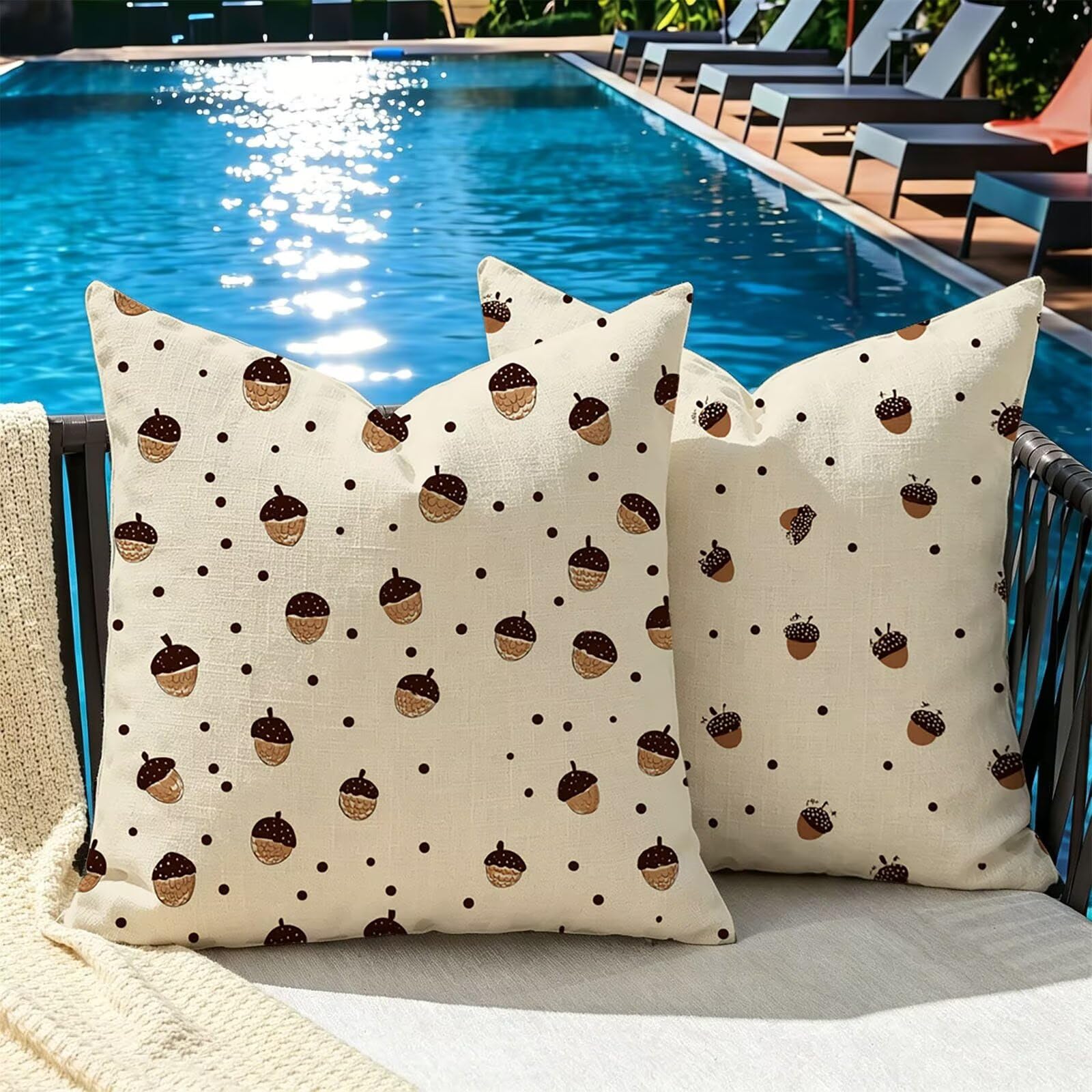Kissenbezug 65x65cm Outdoor Kissen 2er Set Braun Kiefernzapfen Leinen