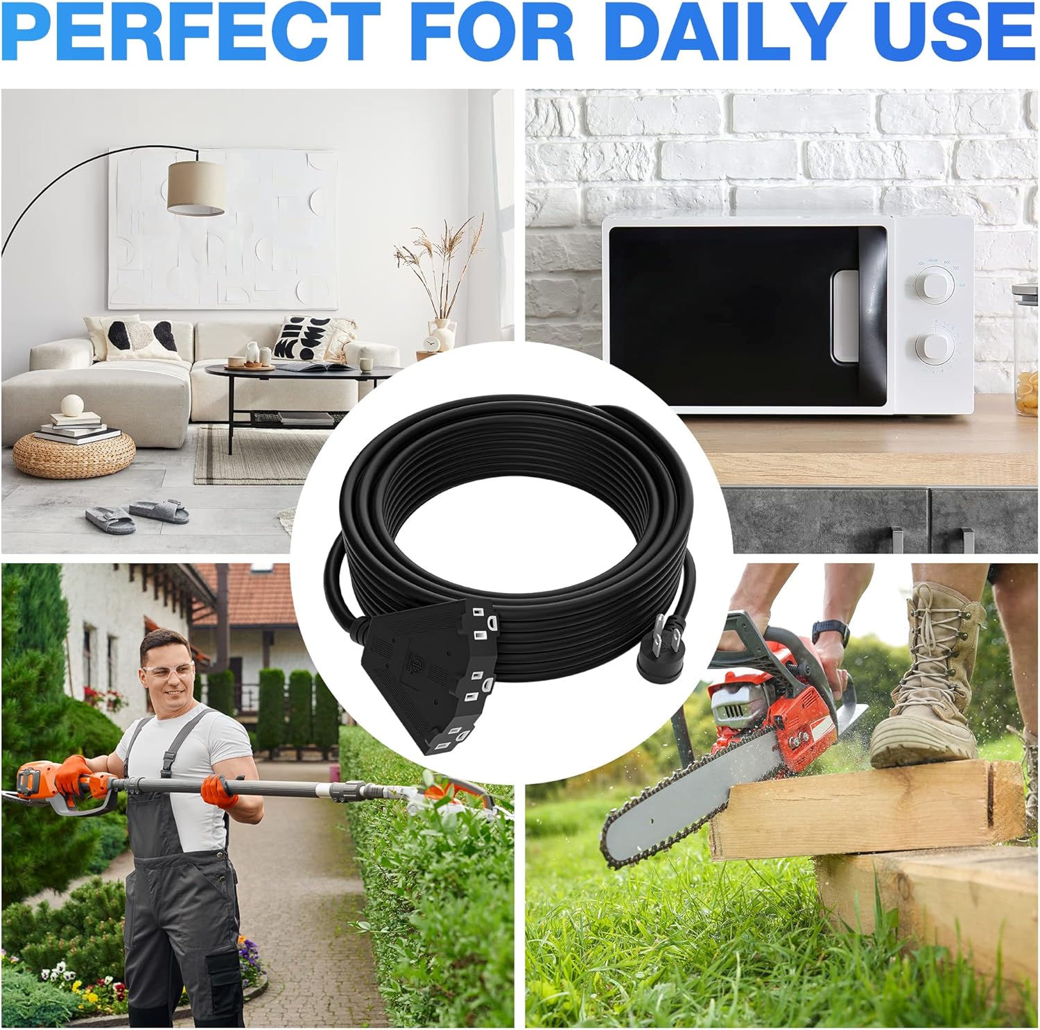 14/3 Gauge Heavy Duty Outdoor Extension Cord 4 FT, 90 Degree Angled 3 Prong Plug, 14 Gauge Power Cable with 3 Outlets, 14AWG, 15A, 125V, 1875W, ETL Listed, Black Wire, with Free Carrying Strap+Ties