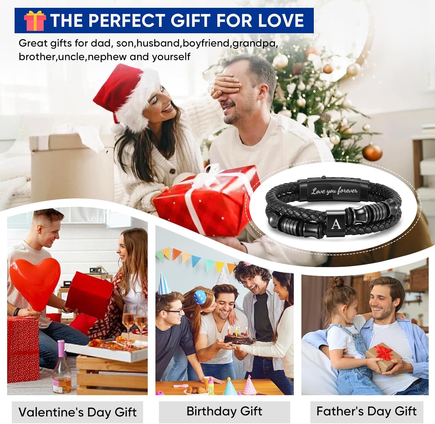 Initial Braided Leather Bracelets for Men - Double-Row Braided Mens Leather Bracelet Adjustable Wristband Initial Bracelet with Stainless Steel Clasp Unique Jewelry Gifts for Husband Dad Friend Son - Image 6