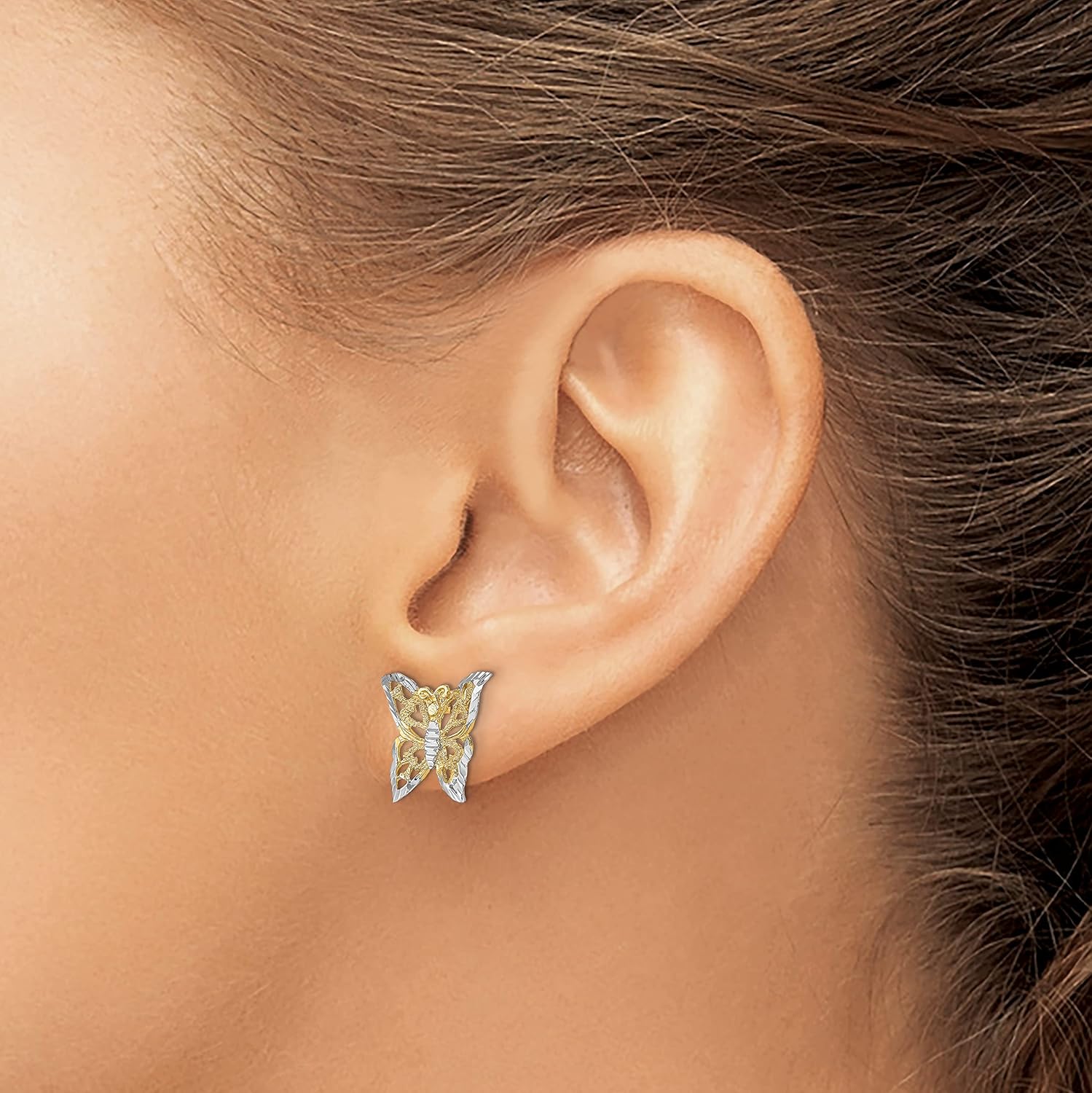 14k Two-Tone Gold Butterfly Ball Button Post Stud Earrings