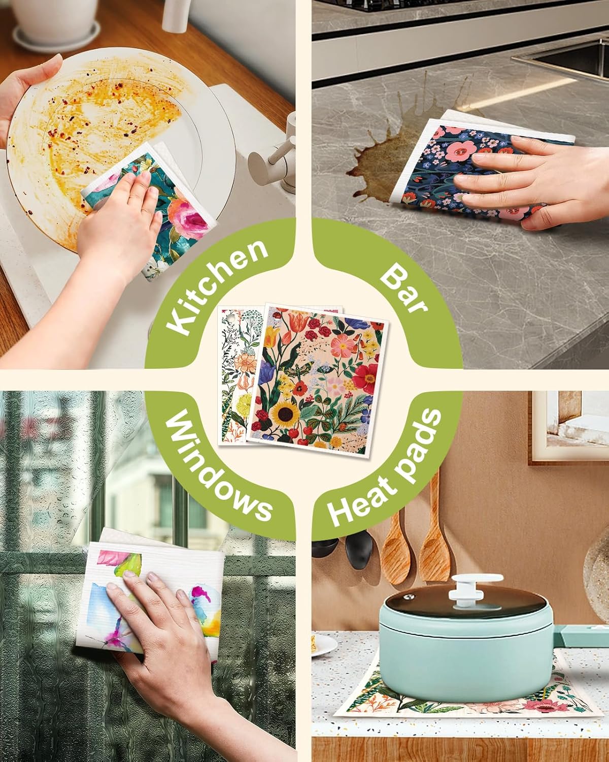 6 Pack Swedish Dishcloths for Kitchen - Reusable Dish Cloths for Washing Dishes Absorbent Cute Funny Kitchen Towels Cleaning Sponge, Floral Bird - Image 6