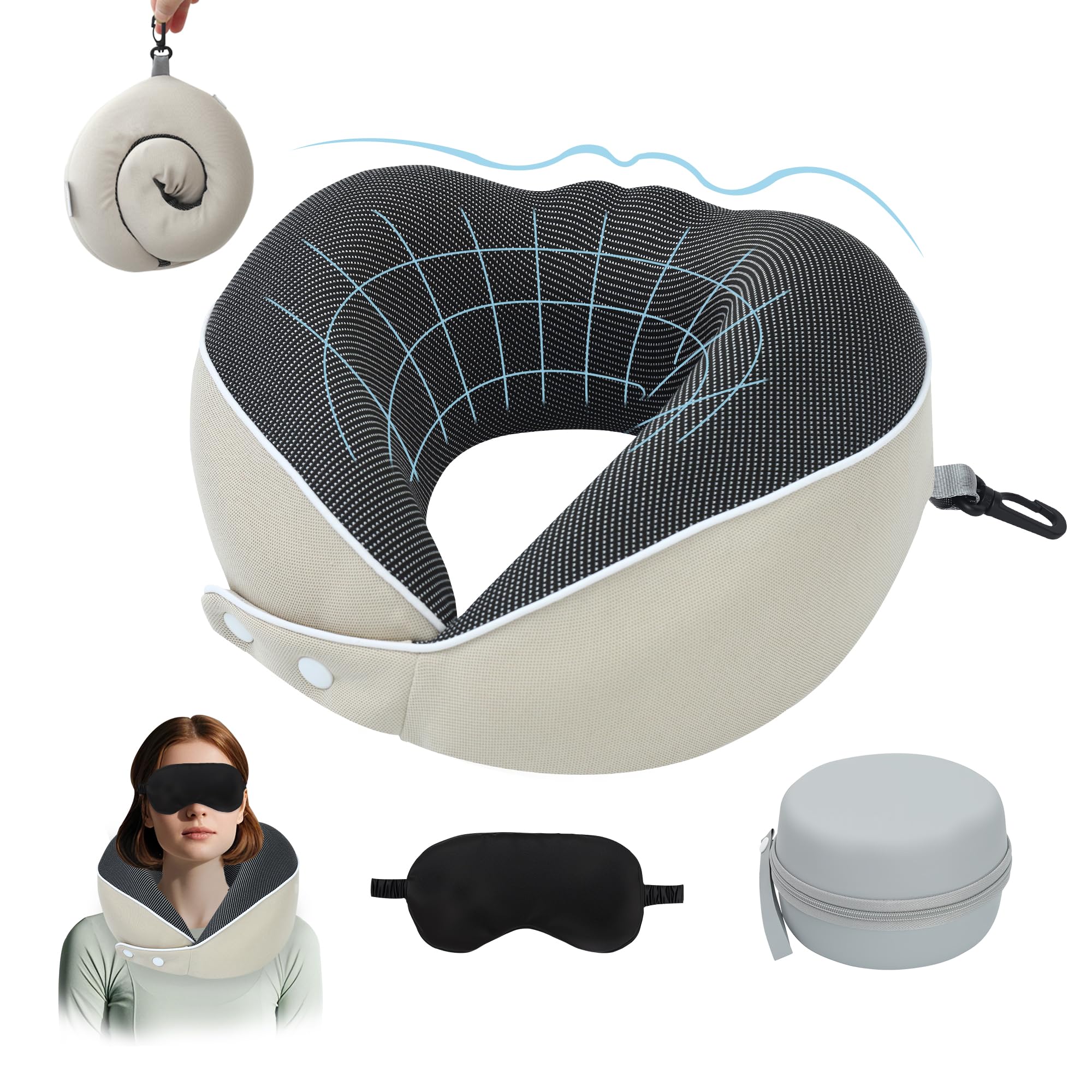 Chumix Cuscino Aereo Viaggio, Pieghevole Regolabile Cuscino da Viaggio Memory Foam con Mascherina per Dormire 3D e Contenitore in EVA, Travel Pillow con Gancio Adatto per Aerei (Beige)