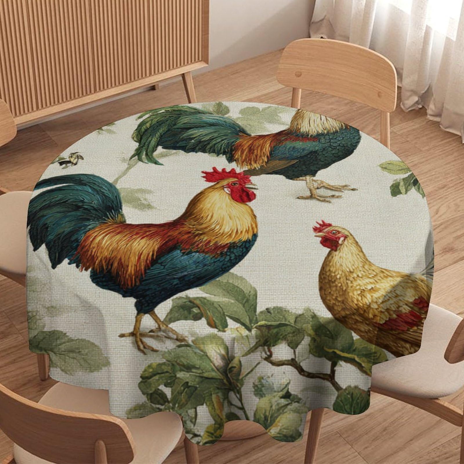 LUYYSKY Abstract Aesthetic Animal Chicken Waterproof Round Tablecloth Beautiful Watercolor Farm Plant Floral Rooster Pattern Washable Table Cover for Kitchen-177.8" Wx177.8 L cm