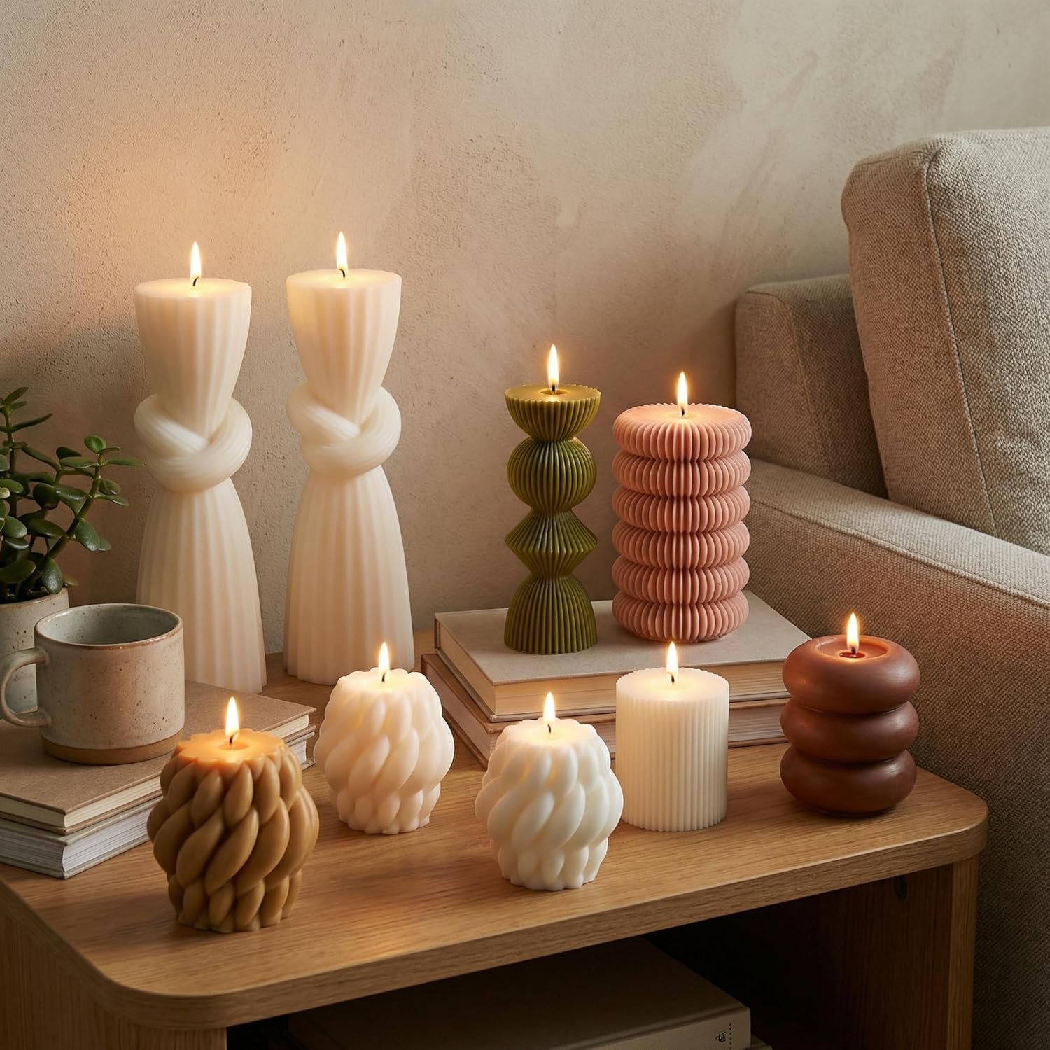 9pcs Rustic Farmhouse Pillar Candles Set 3.1"-7.7" Handmade Neutral Soy Wax Ribbed Scented Aesthetic Swirl Candle for Dining Table Centerpiece Home Wedding Decor