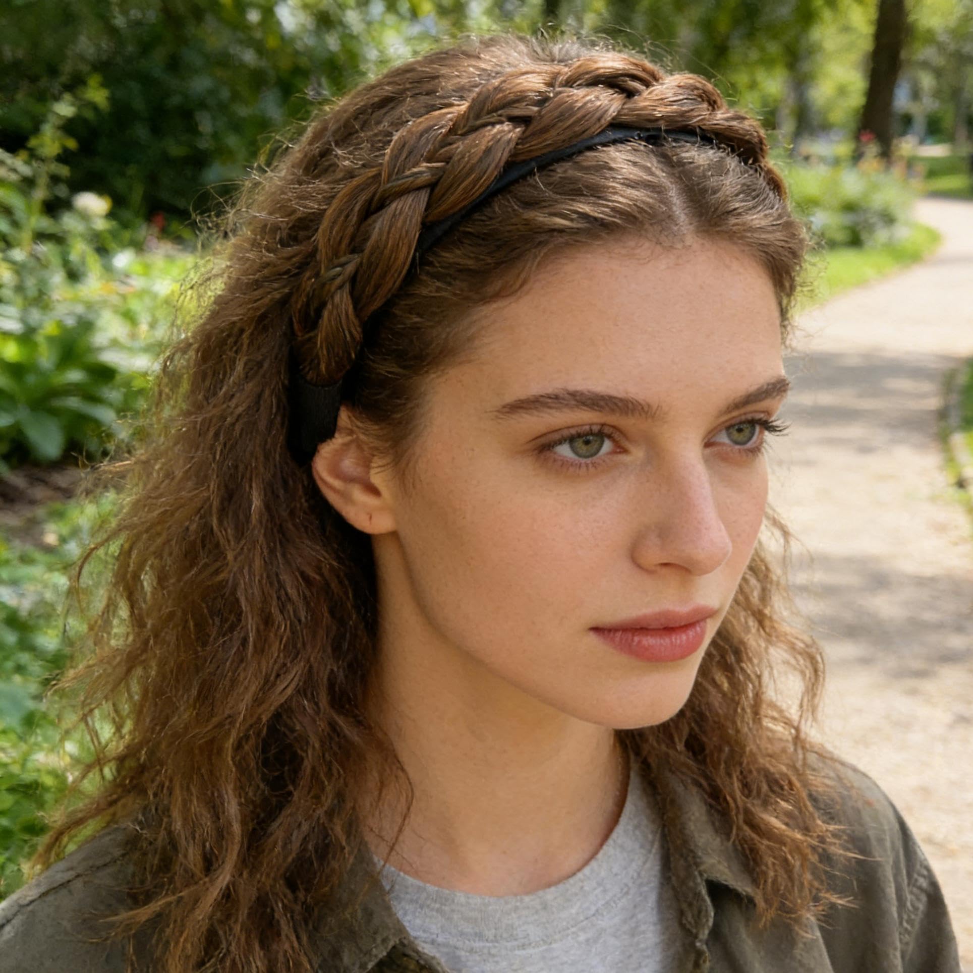 Serre-tête Tressé Large pour Femmes et Filles, Bandeau Cheveux Tressage Bohême avec Dents Antiglisse, Accessoire de Coiffure Synthétique, Châtain Clair