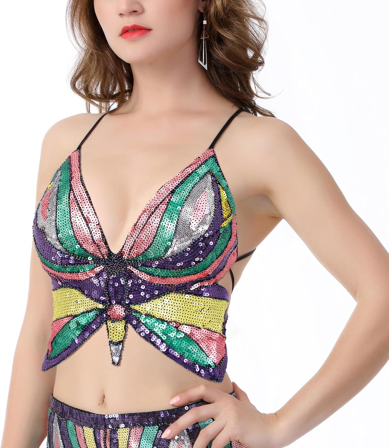Women’s Sexy Butterfly Shape Sequin Crop Top Bandage Lace up Tank Top Belly Dance Top Costume Outfits - Image 3