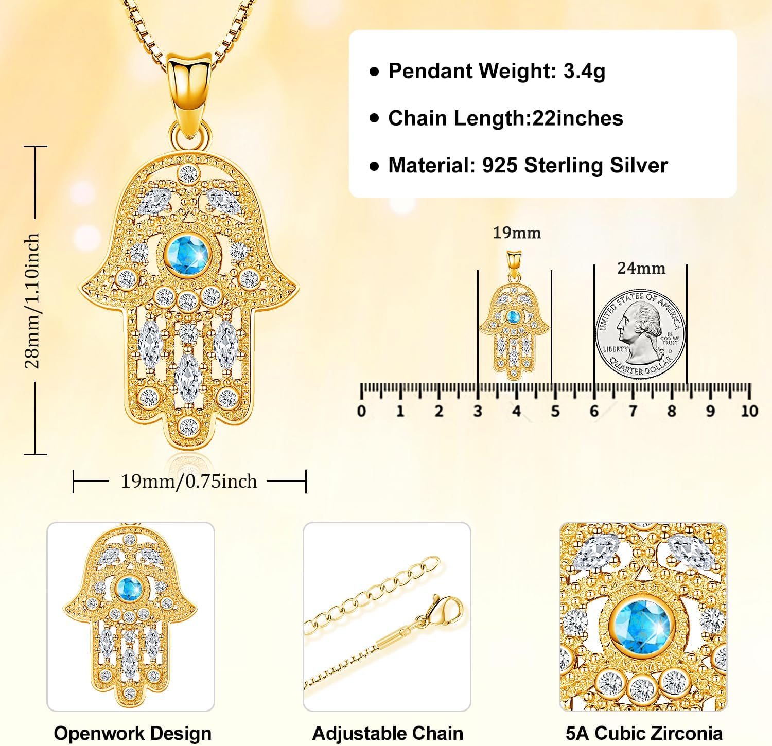 Aniu 925 Sterling Silver Hamsa Hand of Fatima Evil Eye Jewelry for Women With Cubic Zirconia - Comes With Black Gift Jewelry Box