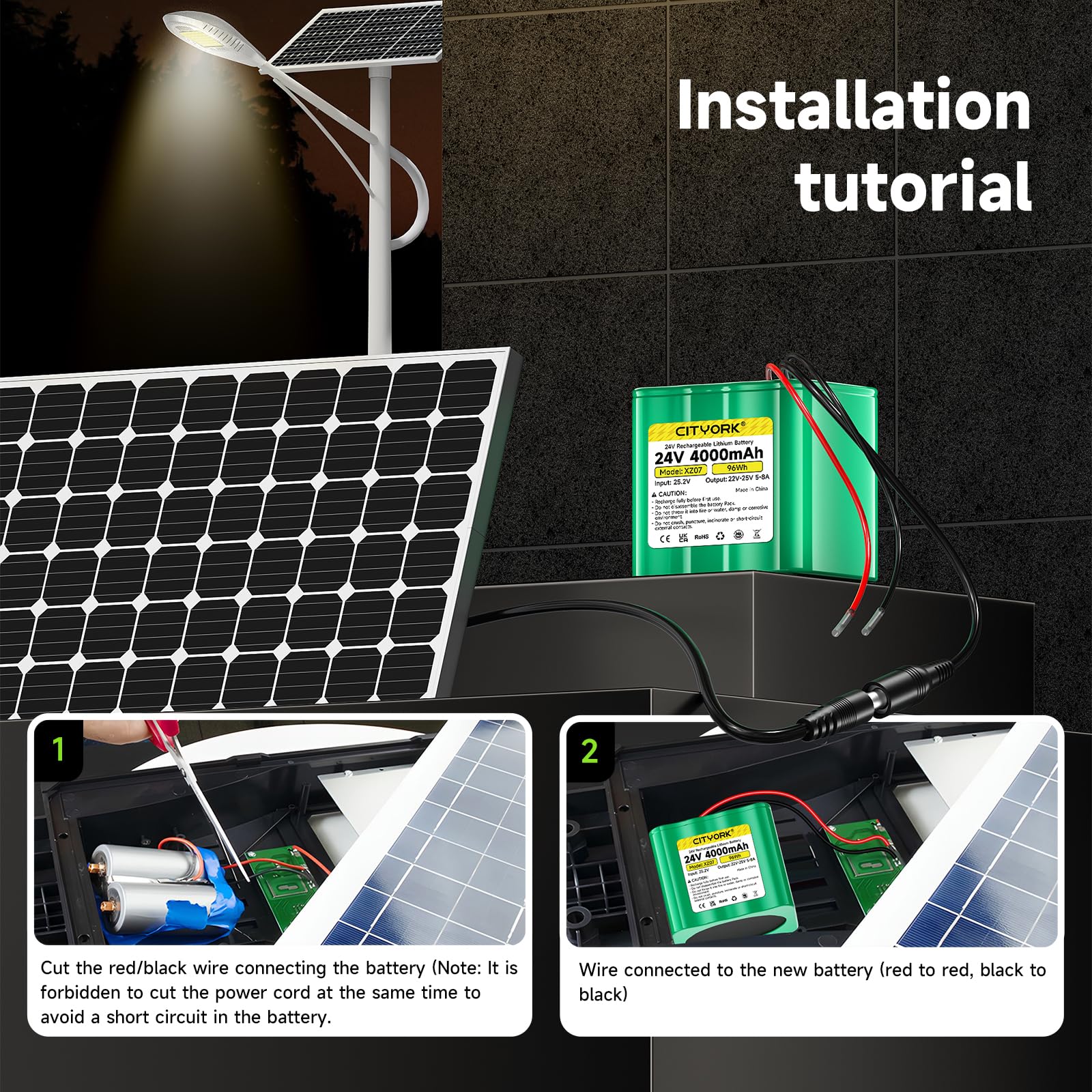 CITYORK Batteria al litio da 24 V 4000 mAh e caricabatterie, cavo di prolunga per progetti fai da te, lanterne solari stradali, fotocamera CCTV, altoparlante, spruzzatore e altro ancora