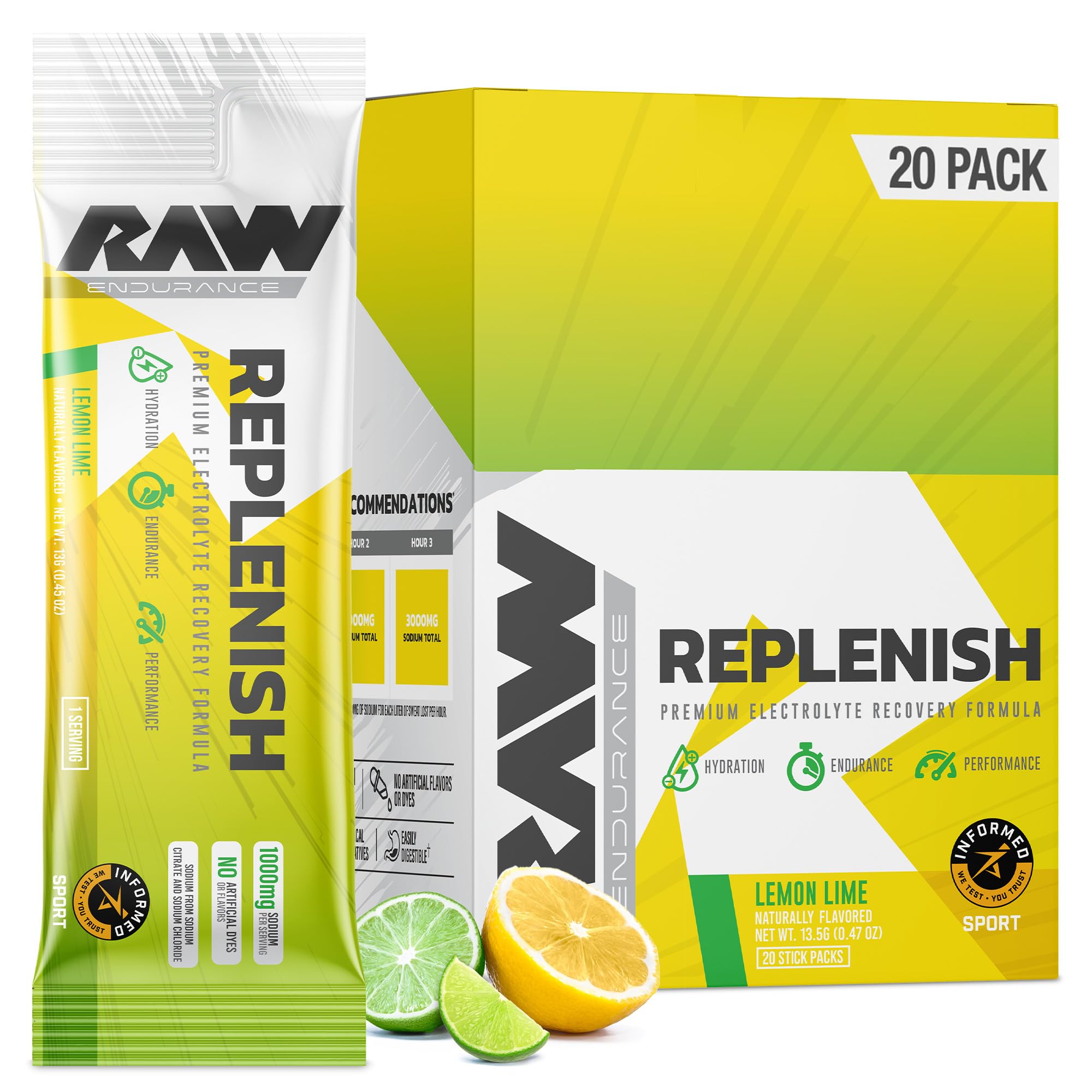 RAWReplenish Box, Premium Electrolytes Powder Recovery Formula, Lemon Lime (20 Sticks) - Flavored Electrolyte Drink Mix Supplement for Hydration, Replenishment, Endurance & Performance