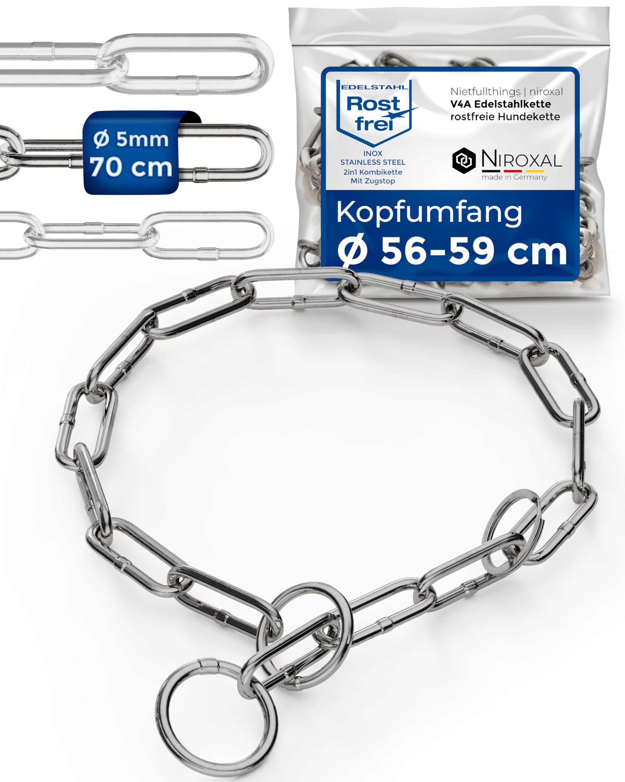 Kettenwürger für Hunde mit Kopfumfang 56-59 cm aus Edelstahl V4A Hundekette mit Zugstop Kettenhalsband langgliedrig 5mm dick und 70 cm Gesamtlänge