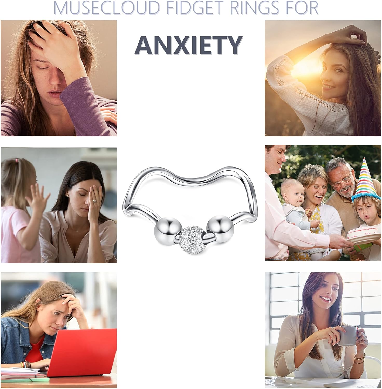 Anti Anxiety Ring For Women Sterling Silver Fidget Ring For Anxiety Spinner Ring White Gold Plated Stackable Wave Band Finger Bead Ring - Image 2