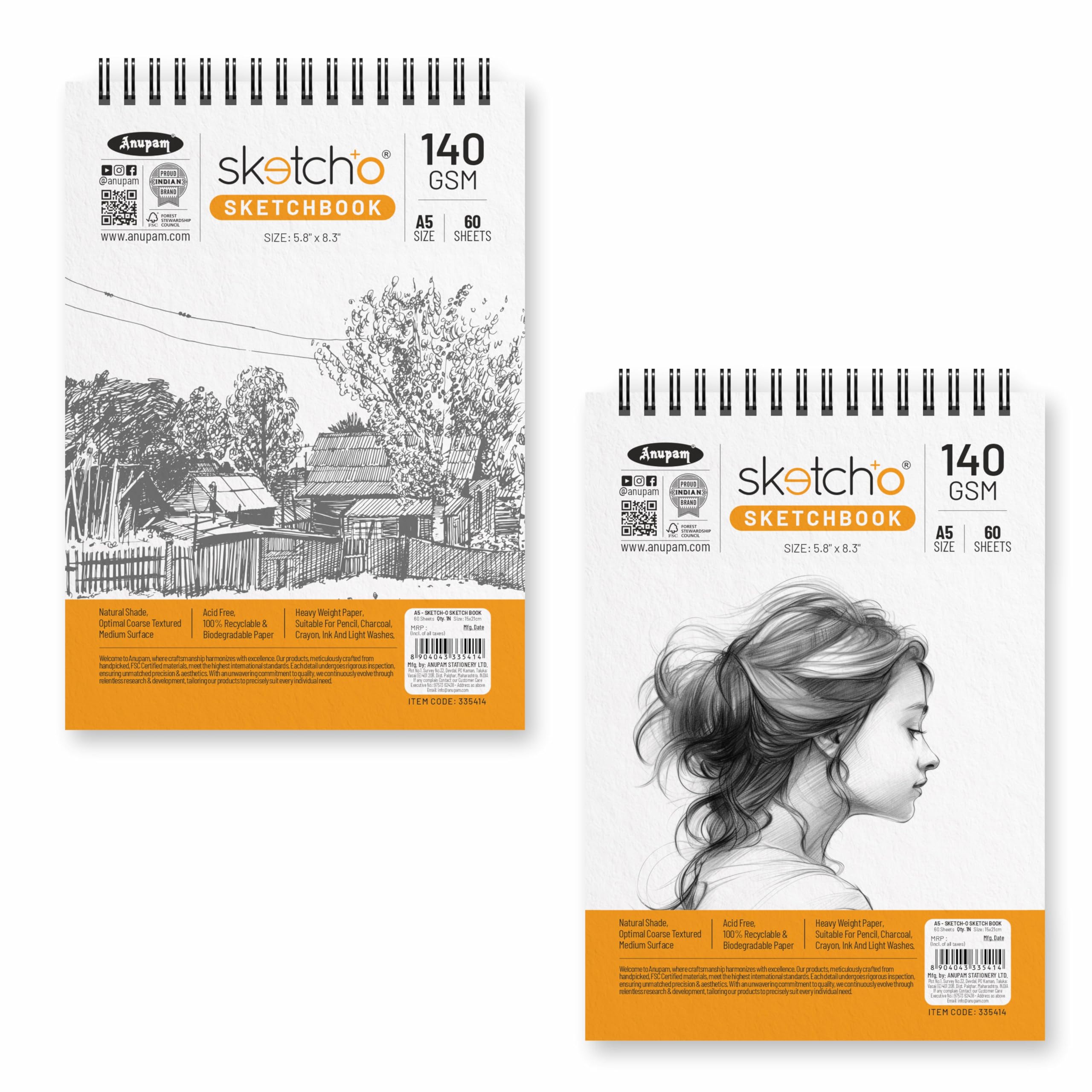 Anupam Sketch-O Sketchbook A5 | 50 Sheets 100 Pages | 140GSM | Durable Acid Free Drawing Paper | Top Spiral-Bound Sketchpad for Artists & Professionals for Marker Colored Pencil Charcoal Pastels (Set of 2)