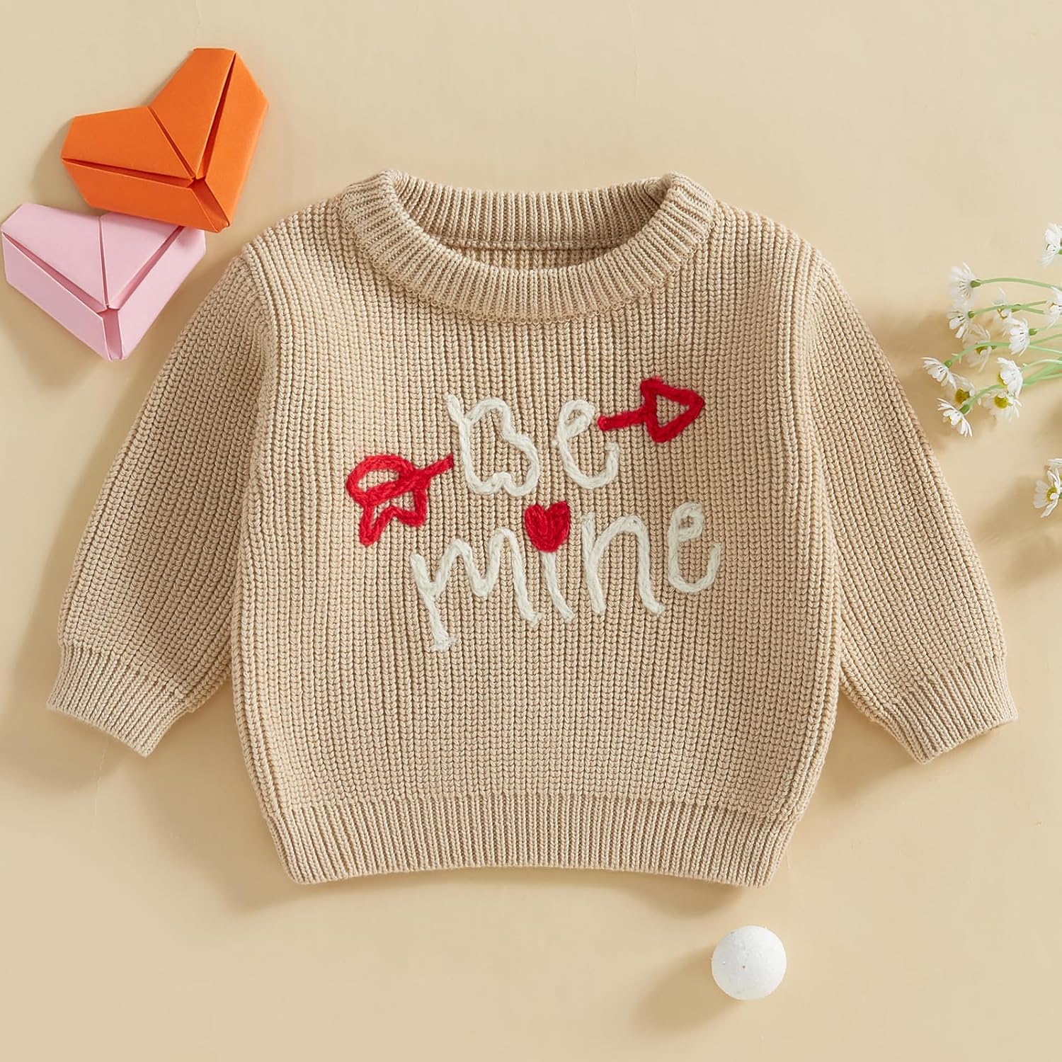 Lesimsam Toddler Baby Boy Girl Valentines Outfit Heart/Letter Embroidery Long Sleeve Knit Sweater Pullover Sweatshirt Top - Image 2