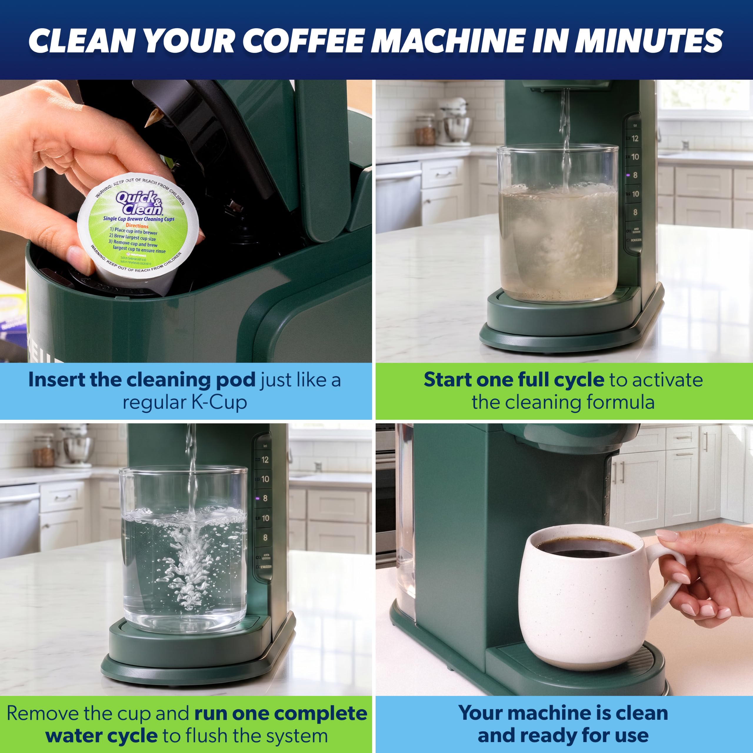 Quick & Clean - Paquete de 6 cartuchos de limpieza para máquinas Keurig K-Cup, compatible con 2.0, no tóxico