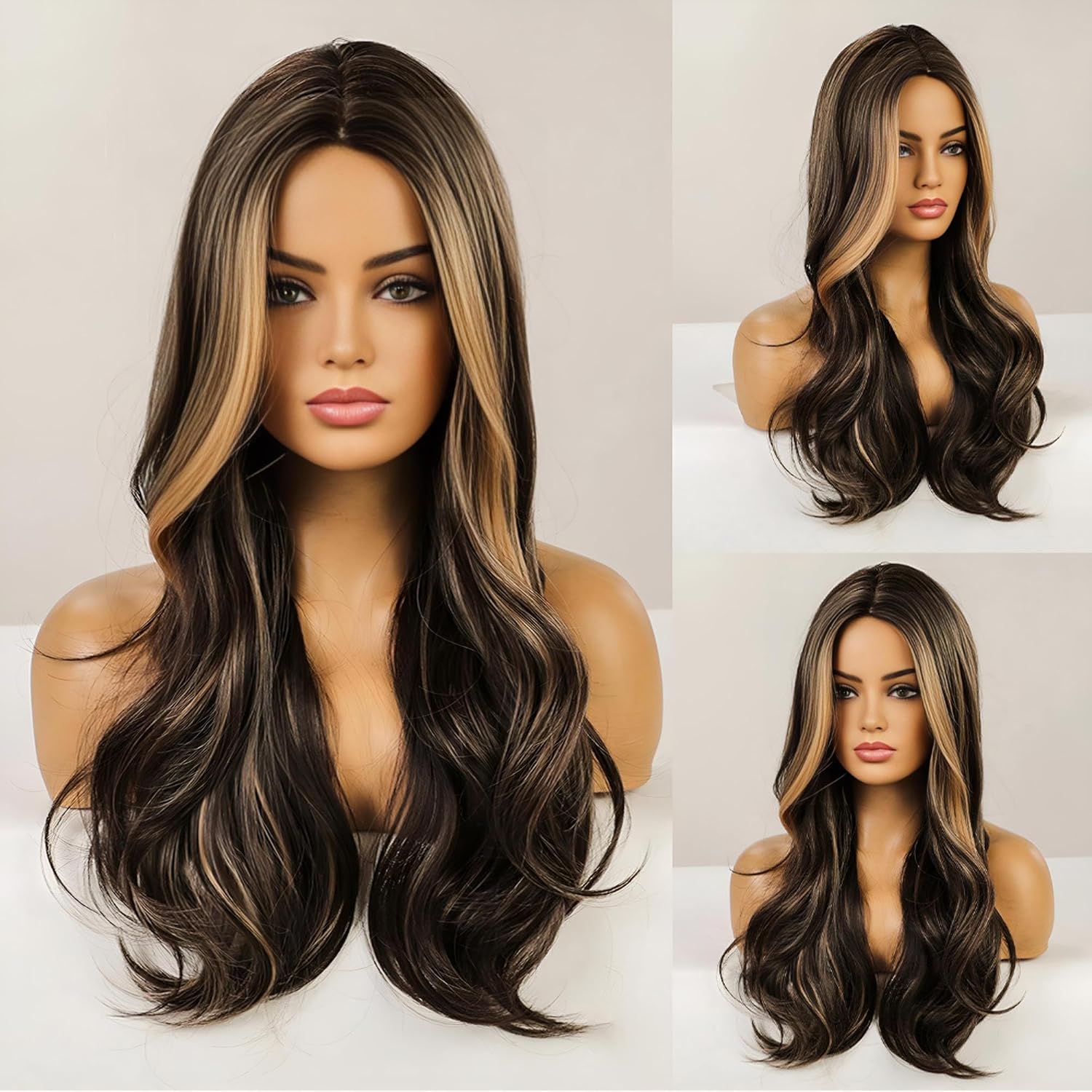 Long Wavy Blonde and Brown Wig for White Black Women, Synthetic Beach Loose Body Wave Brunette Wig with Blond Highlight, Realistic Curly Sexy Natural Looking Hispanic Ladies Hair Wigs