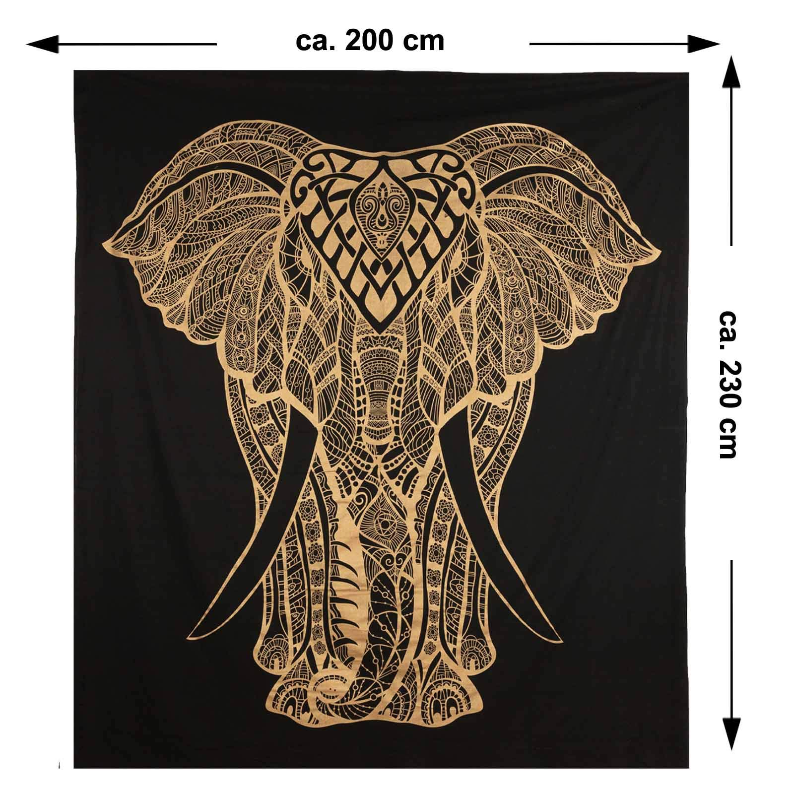 Kunst und Magie Tagesdecke Wandbehang Deko Tuch Goldener Elefant ca. 200 x 230cm