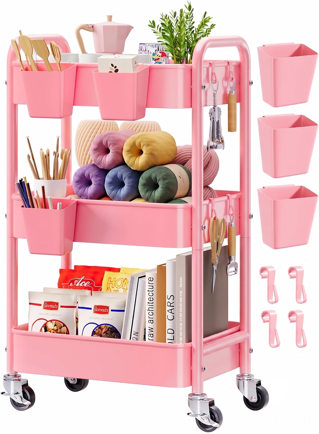3 Tier Rolling Cart Metal with Lockable Wheels,Pink Baby Diaper Caddy Carts | Three Tiered Storage Utility Trolley Organizer on Wheels for Craft, Art, Nail, Lash, Tech, Salon, Hair, Dorm,Nursery Supplies