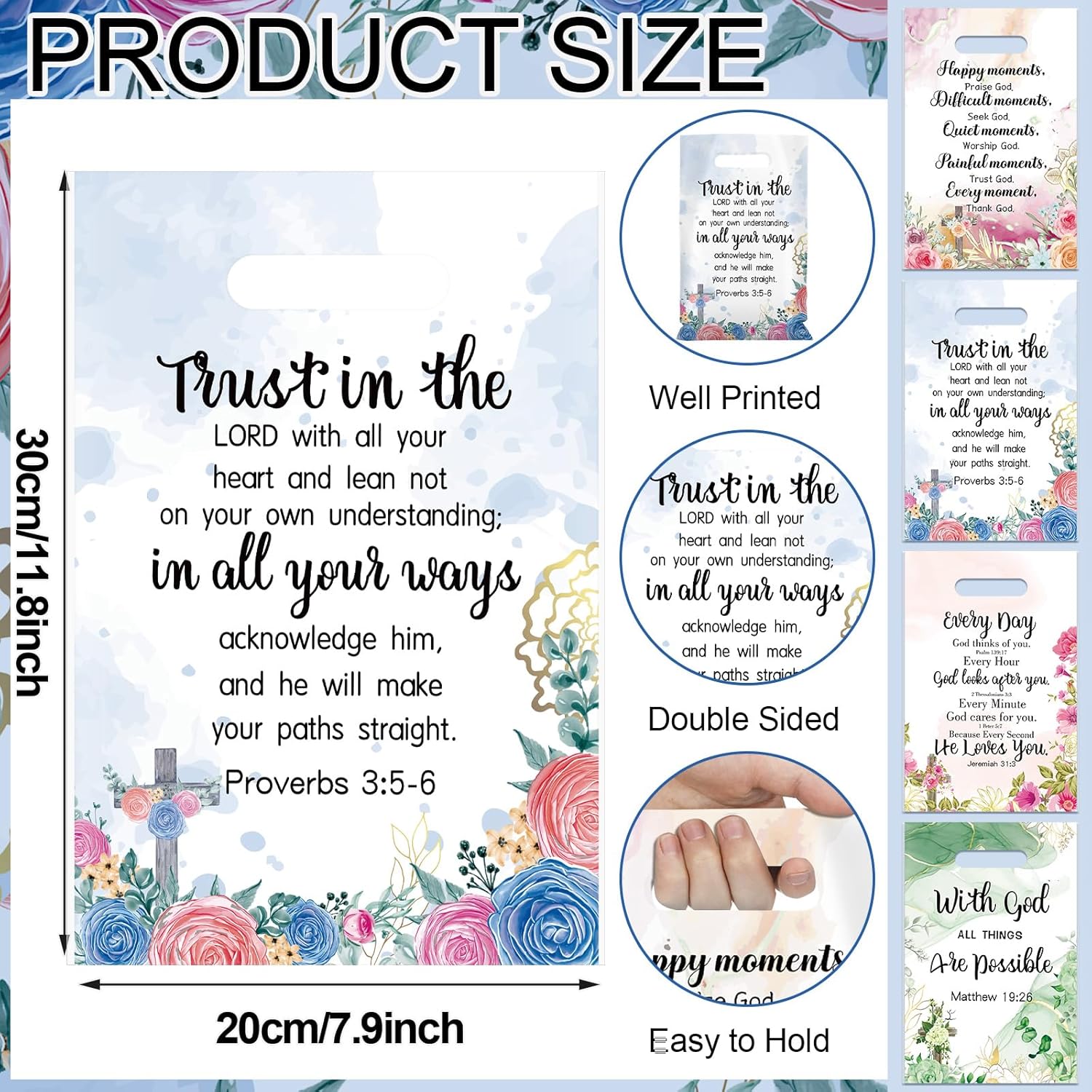 Yinder 200 Pcs Christian Gift Bags with Handles Bible Verse Plastic Bag Bulk for Mother's Day Religious Treat Sack Christian Gifts Inspirational Flower Candy Pouches for Women Party Favor Church Gift - Image 3