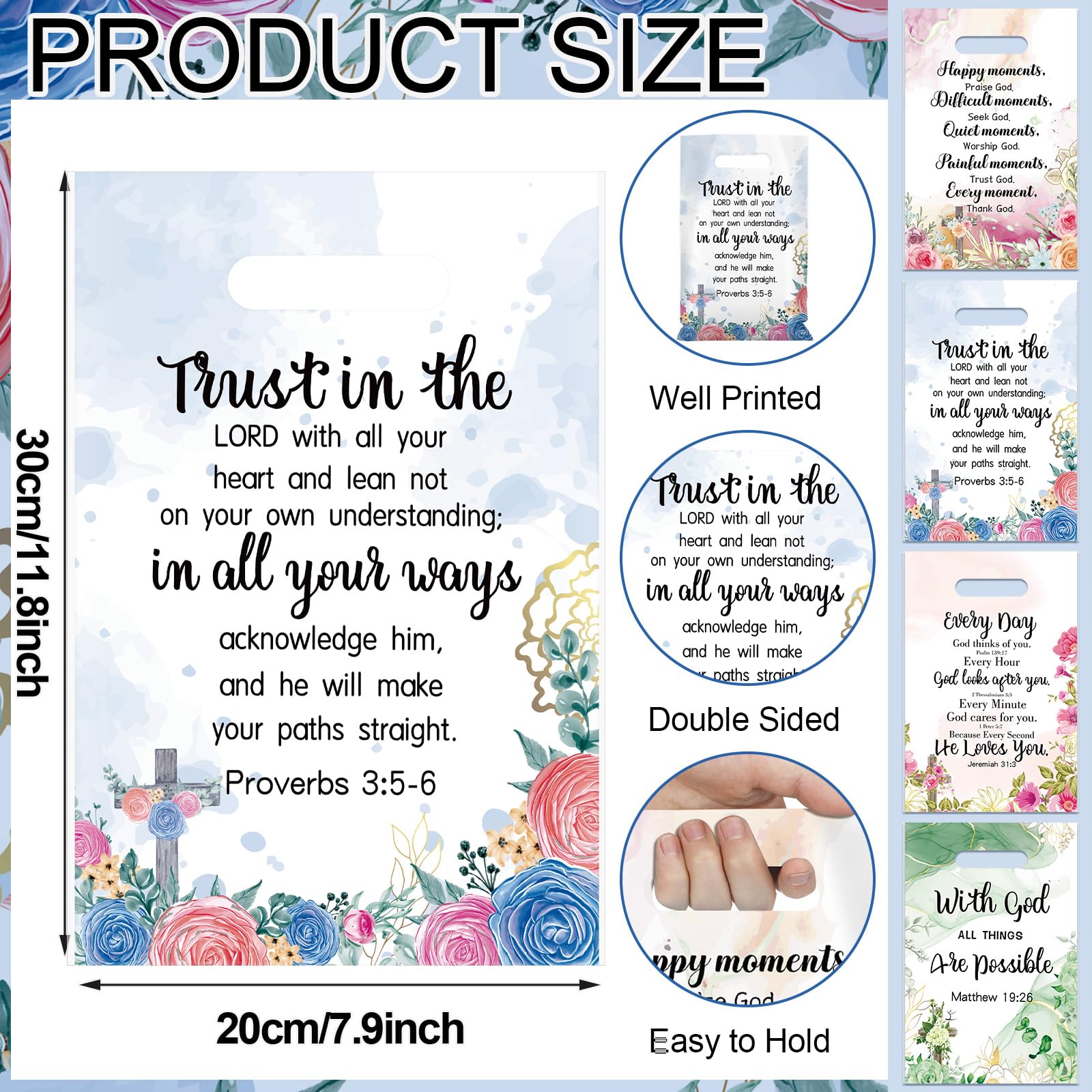 Yinder 60 Pcs Christian Gift Bags with Handles for Women Religious Plastic Bag with Bible Verse Bulk for Church Religious Christian Gifts Inspirational Flower Pouches for Women Party Favor Church