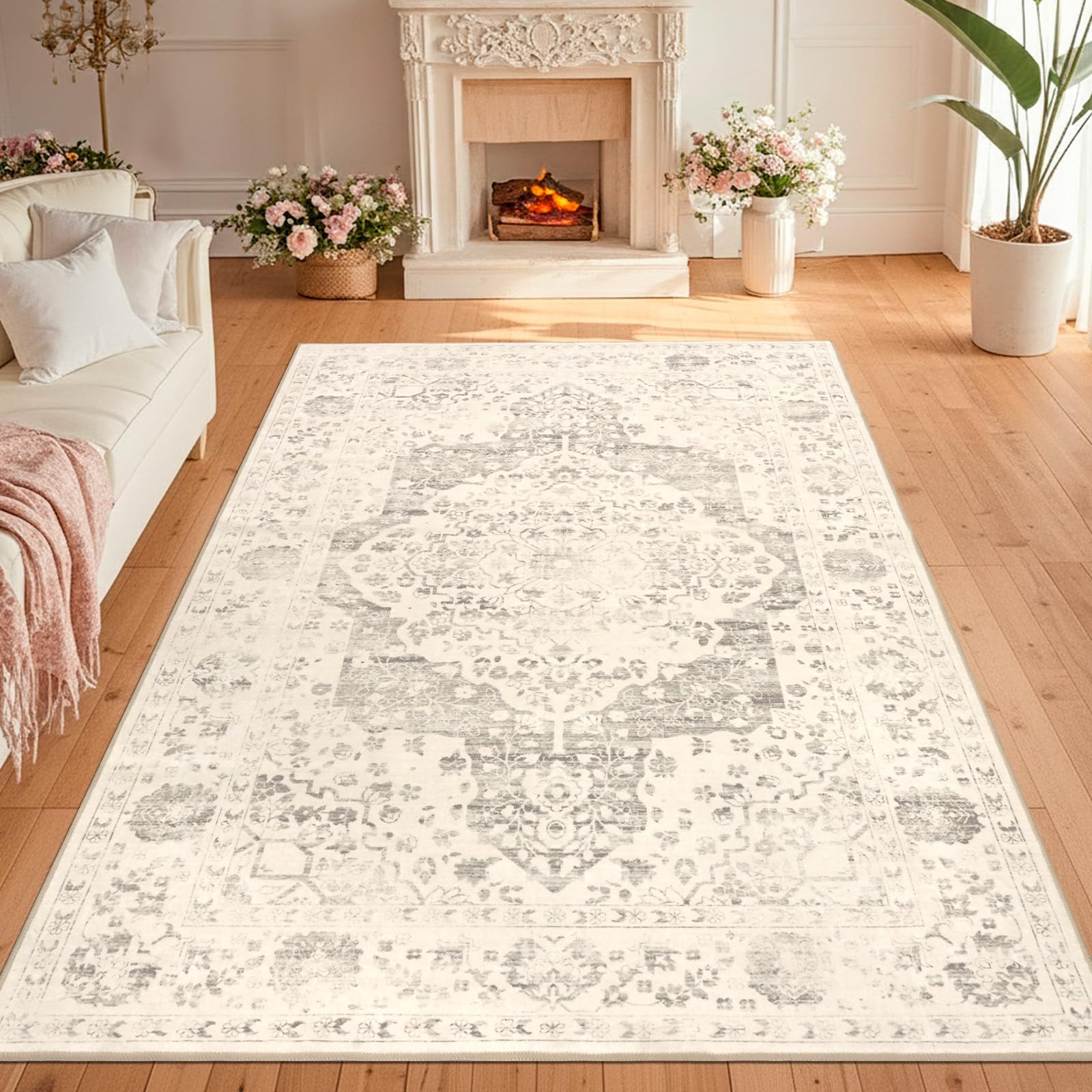 Tapis salon 120x180cm beige lavable à poil ras antidérapant pour chambre adulte