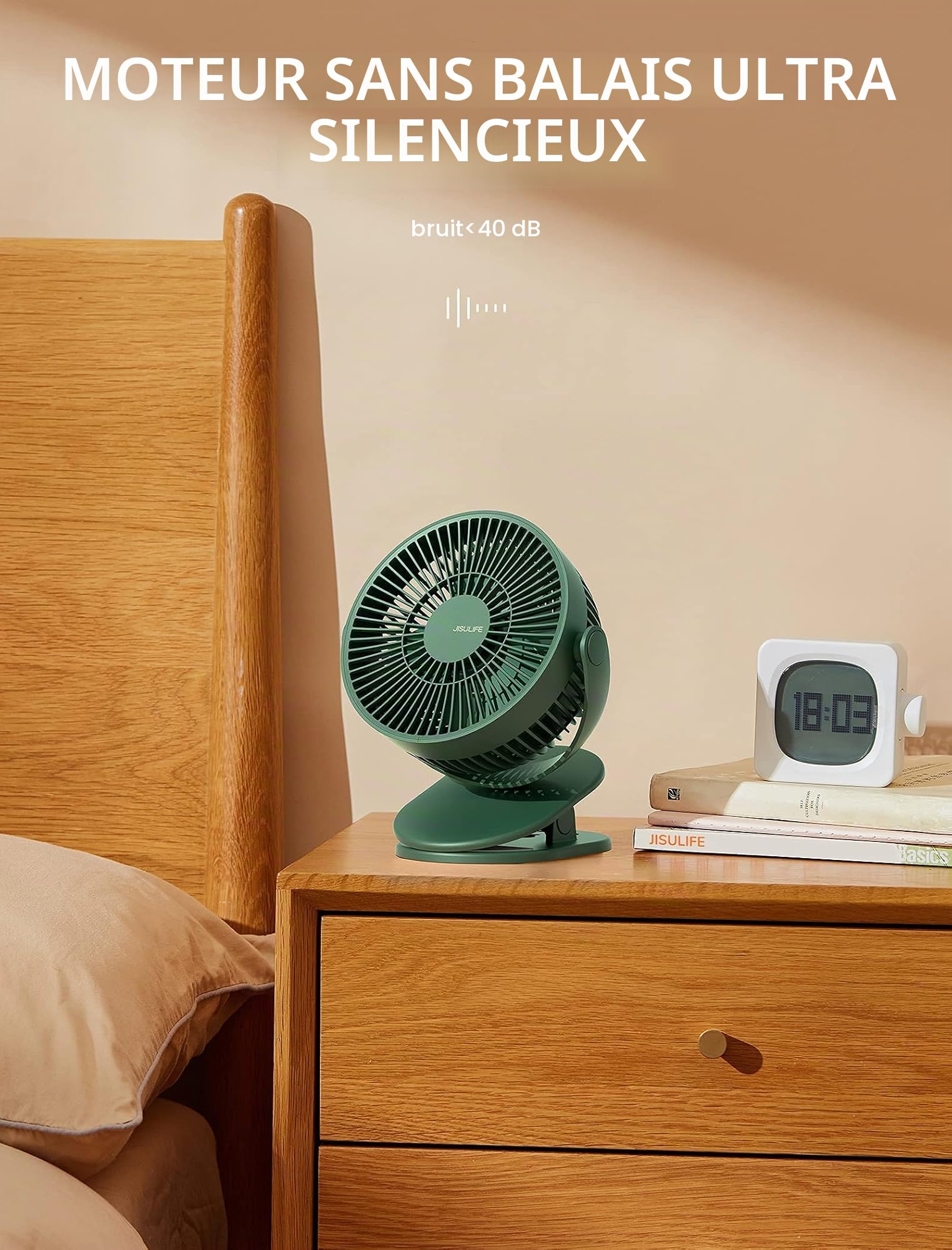 JISULIFE Mini Ventilateur à Pince, Petit Ventilateur USB avec Batterie Rechargeable de 4000mAh, 4 Vitesses, Max 14 Heures, Petit et Silencieux pour Lit, Bureau, Poussette - Vert Foncé