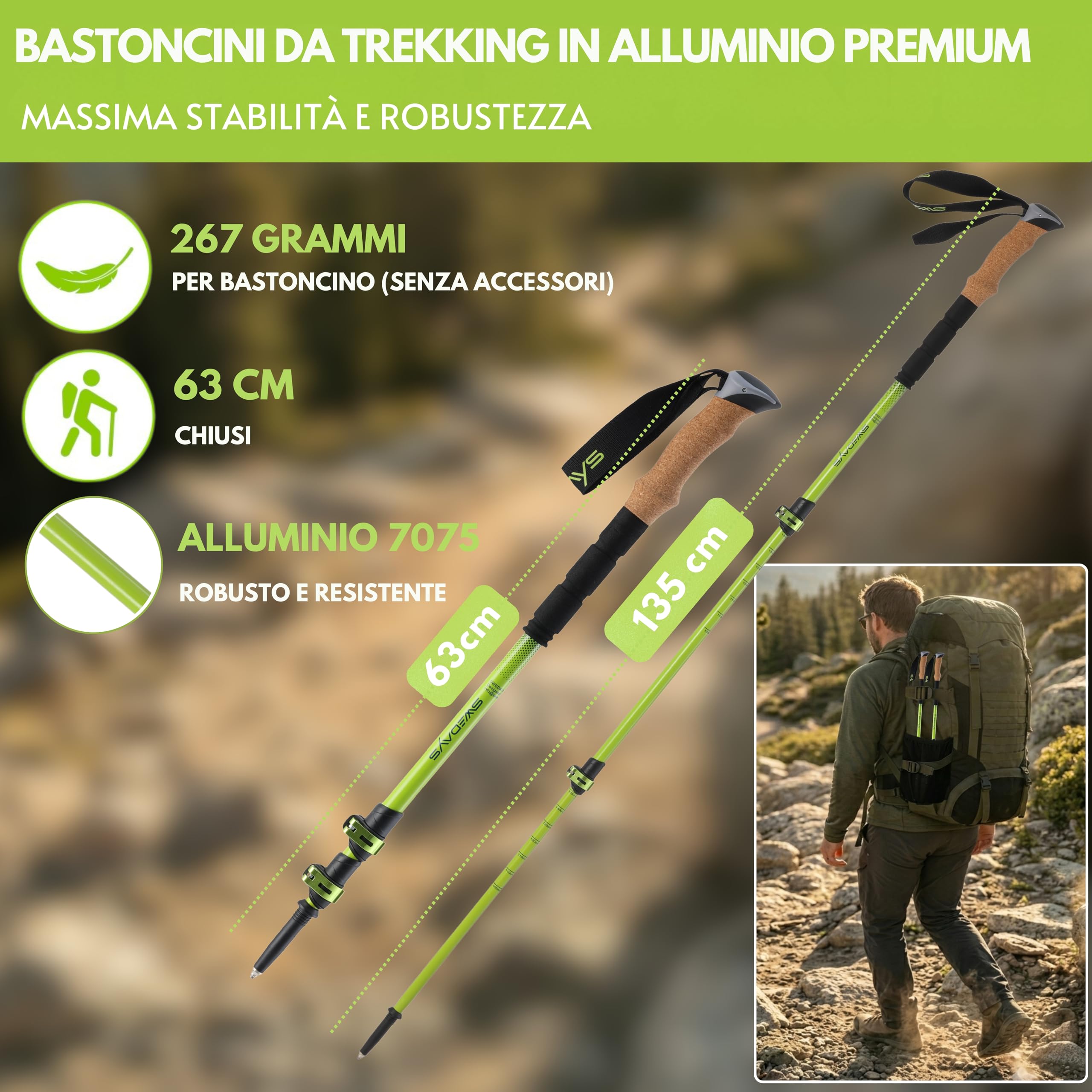 Bastoncini da trekking telescopico Bastoni Nordic Walking: [Carbonio 3K o Alluminio], Manico in Sughero Ergonomico, leggero, facile da regolare 63-135 cm per per Donna e Uomo