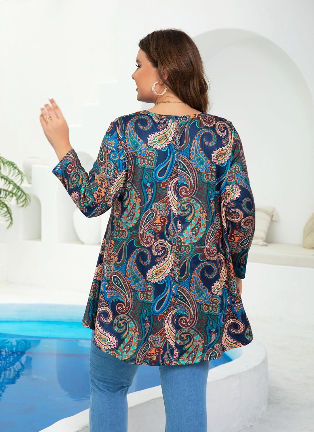 Womens Tunic Tops 3/4 Sleeve Plus Size Crew Neck Swing Flare Loose Fit T-Shirt Blouses to Wear with Leggings - Image 3