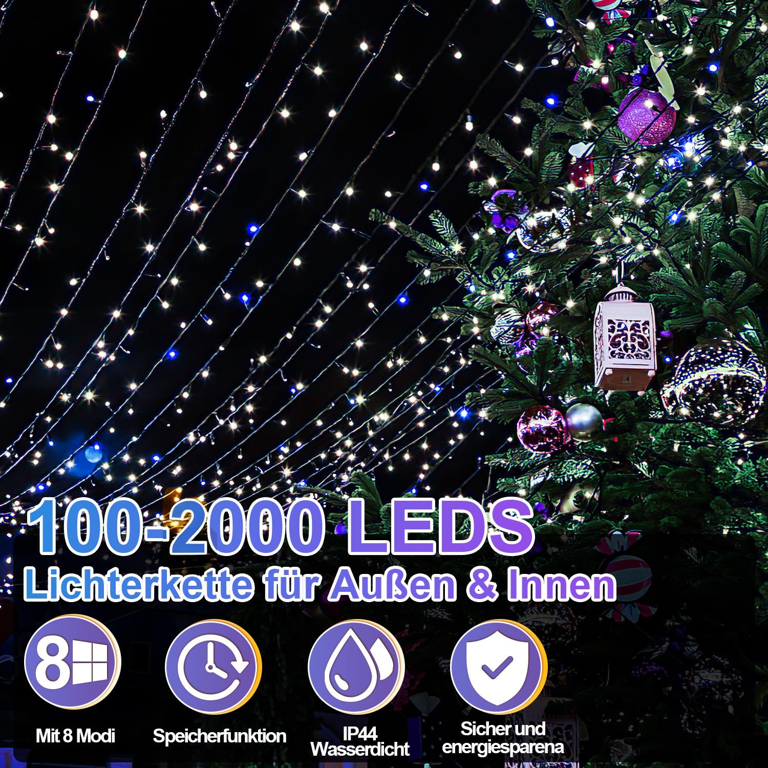 Fiqops LED Lichterkette Außen 200M 1000LEDs 8 Modi, Lichterketten IP44 wasserdicht mit Memory Funktion für Party Hochzeit Garten Balkon Weihnachten, Kaltes Weiß, Dunkelgrüner Draht