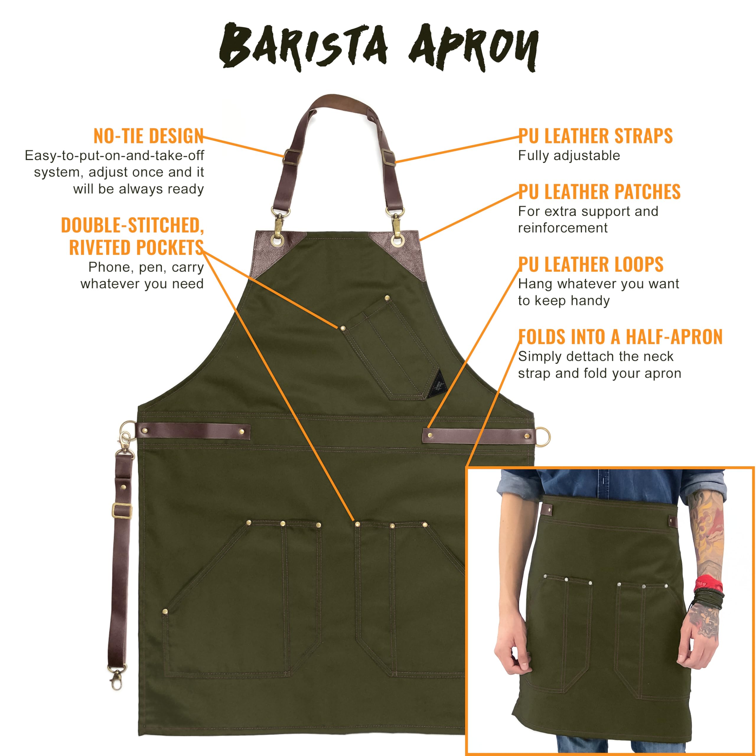 Under NY Sky Barista Apron – Professional Twill – Cinghie in pelle – Doubles as a Bistro Apron, Black and Black Leather