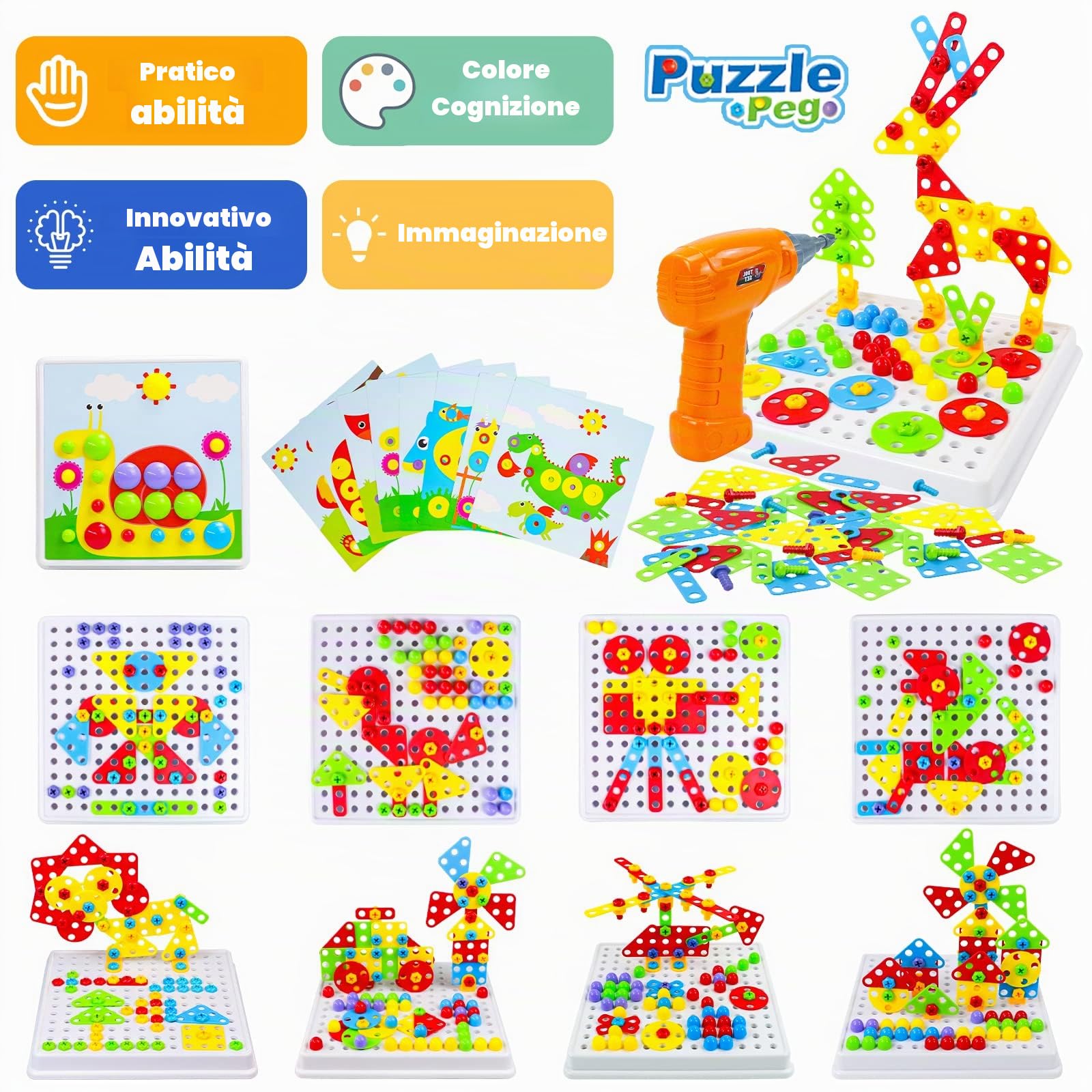 Giochi Bambini 3 Anni,Gioco Bambino 3 4 5 Anni Giocattoli di Costruzione Blocchi di Costruzione Puzzle con Trapano Elettrico Strumento Viti Regalo Bambina Bambino 3 4 Anni Regali Natale 223 PZ