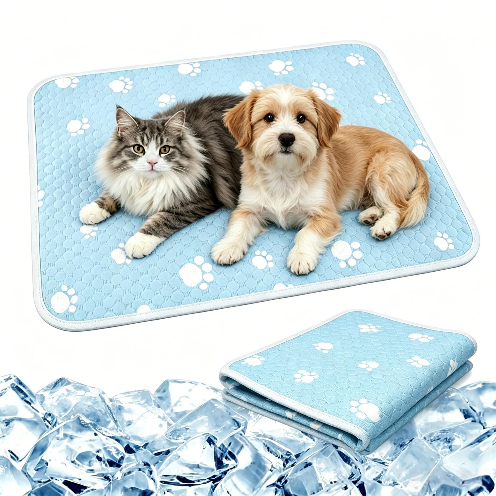 Cama Perro Verano, 70x55 cm Alfombra Perro Refrescante, Manta Gato Transpirable y Absorbente, Cojin Perro Antideslizante para Interiores y Exteriores (Azul)